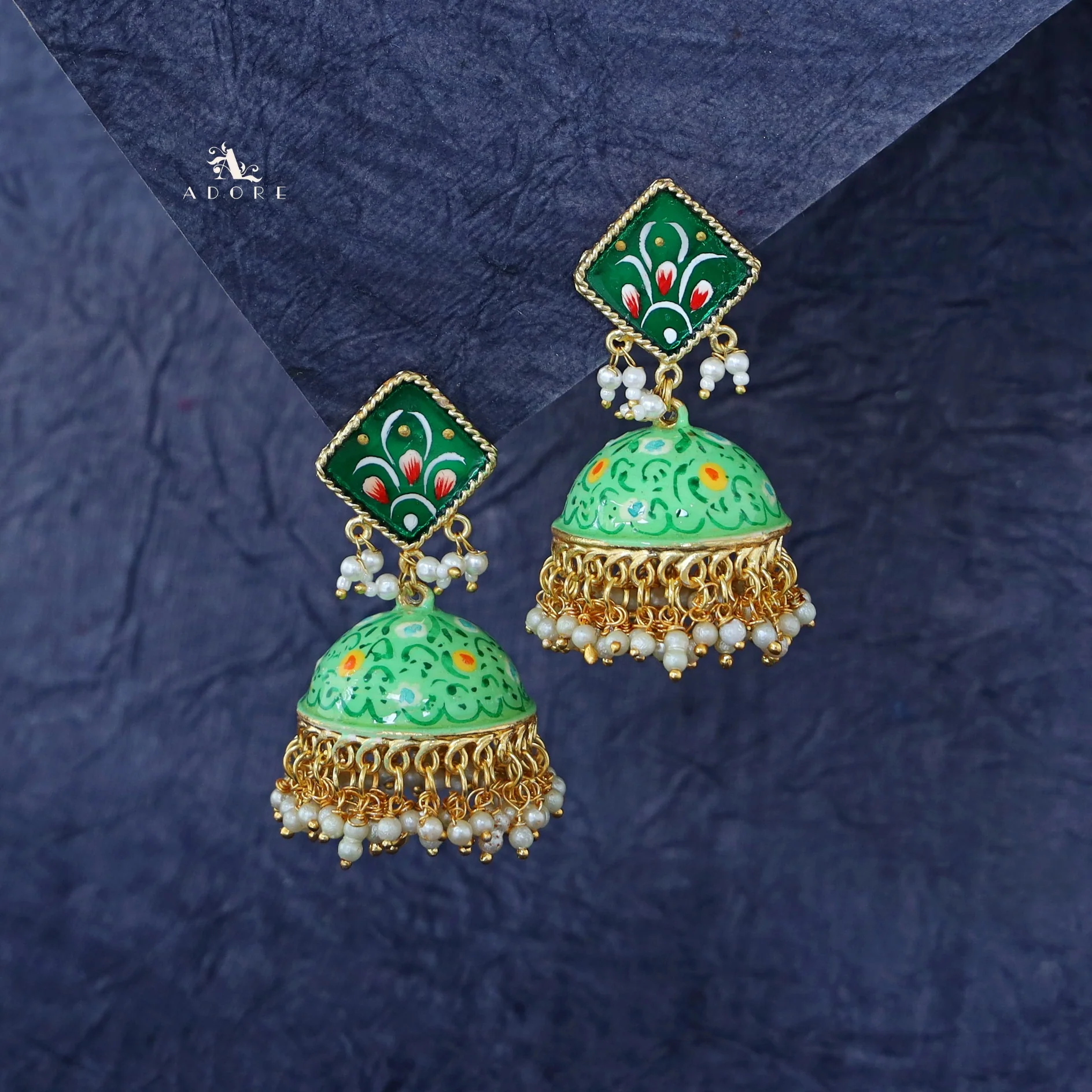 Hand Painted Cluster Pearl Diamond Jhumka - Image 22
