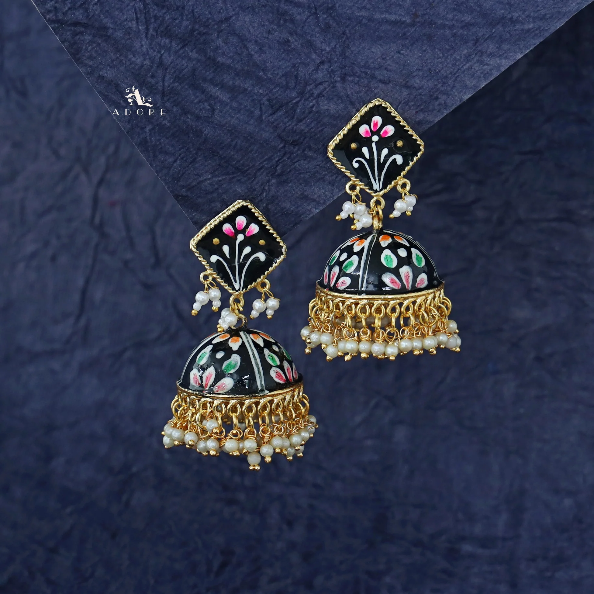 Hand Painted Cluster Pearl Diamond Jhumka - Image 23
