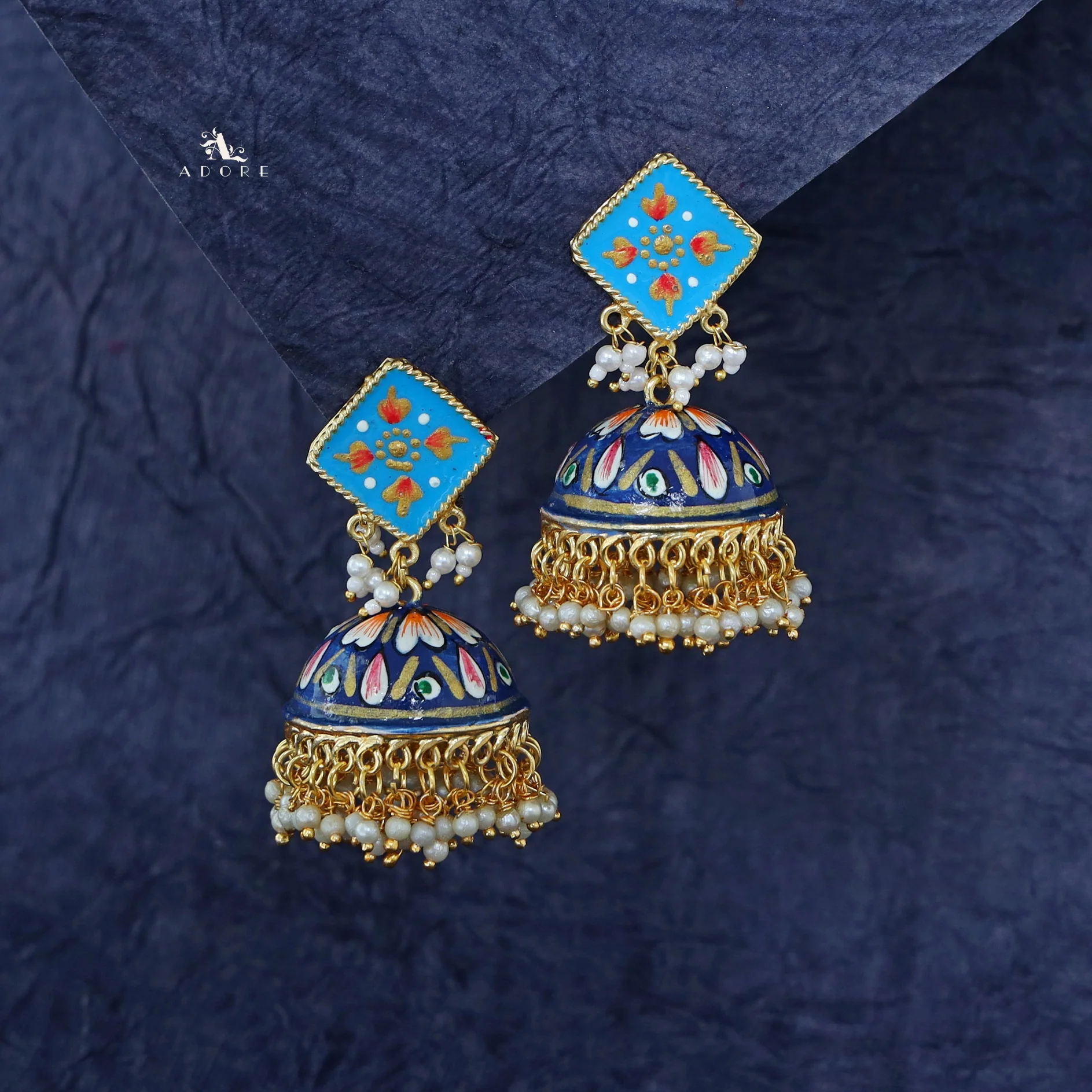 Hand Painted Cluster Pearl Diamond Jhumka - Image 24
