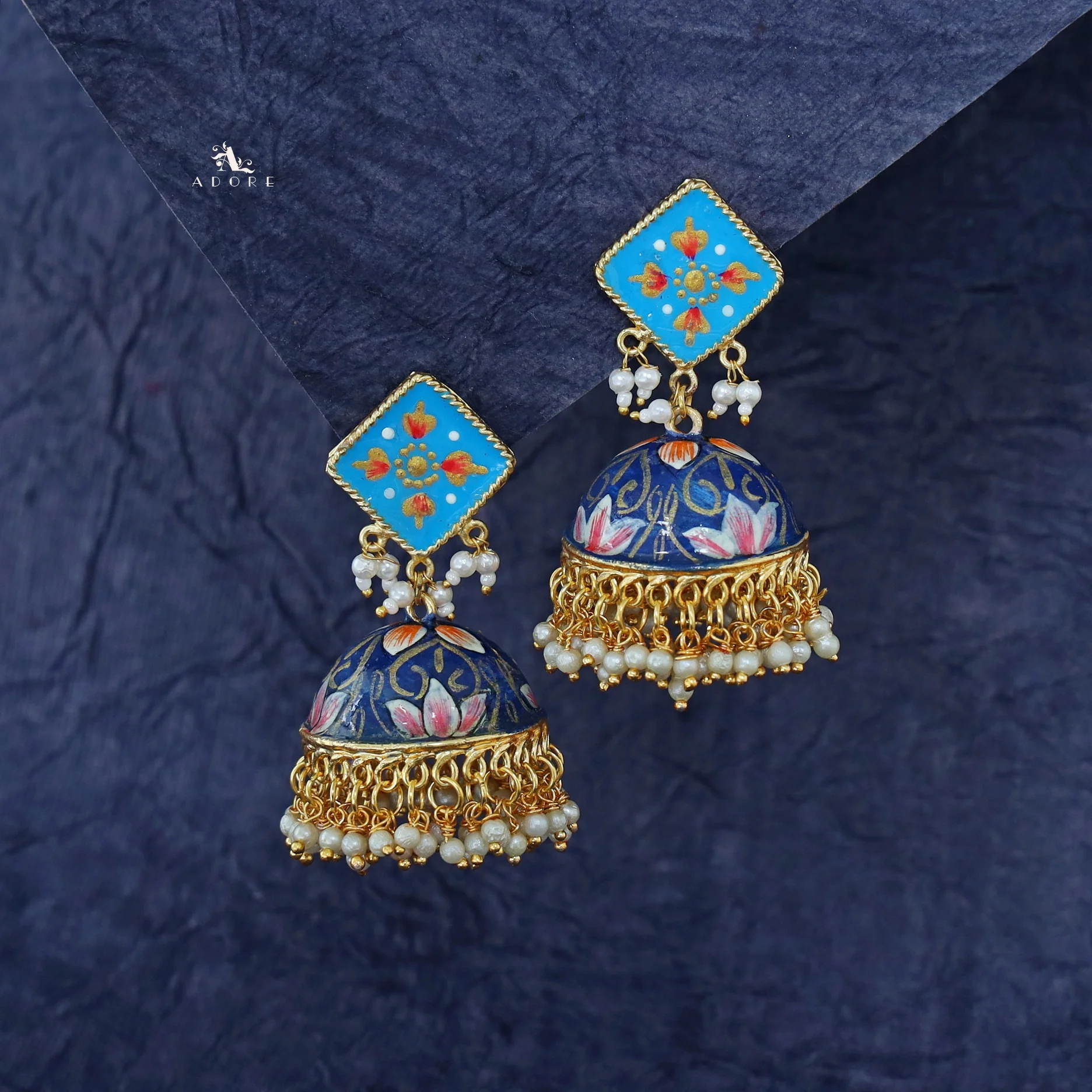 Hand Painted Cluster Pearl Diamond Jhumka - Image 25