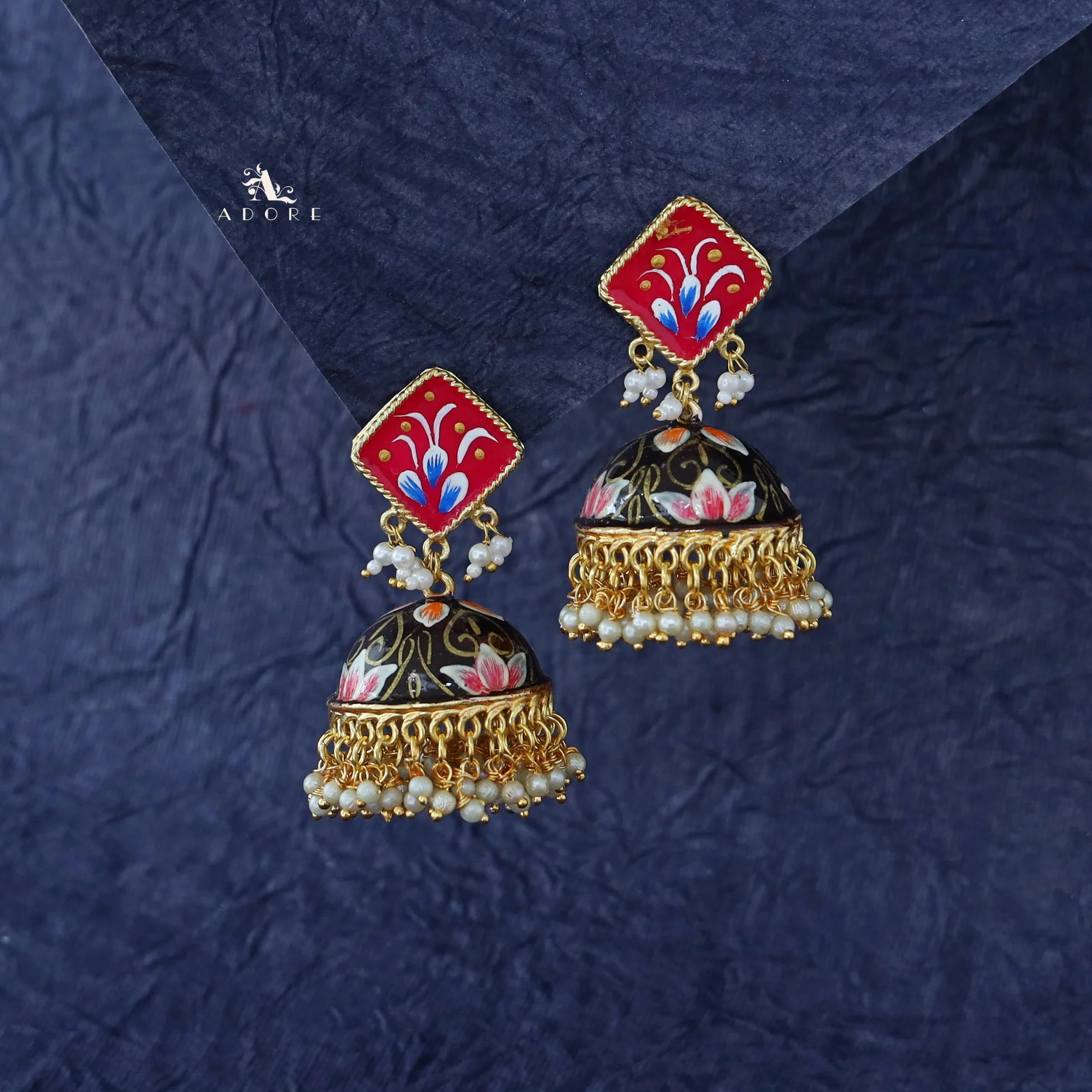 Hand Painted Cluster Pearl Diamond Jhumka - Image 26