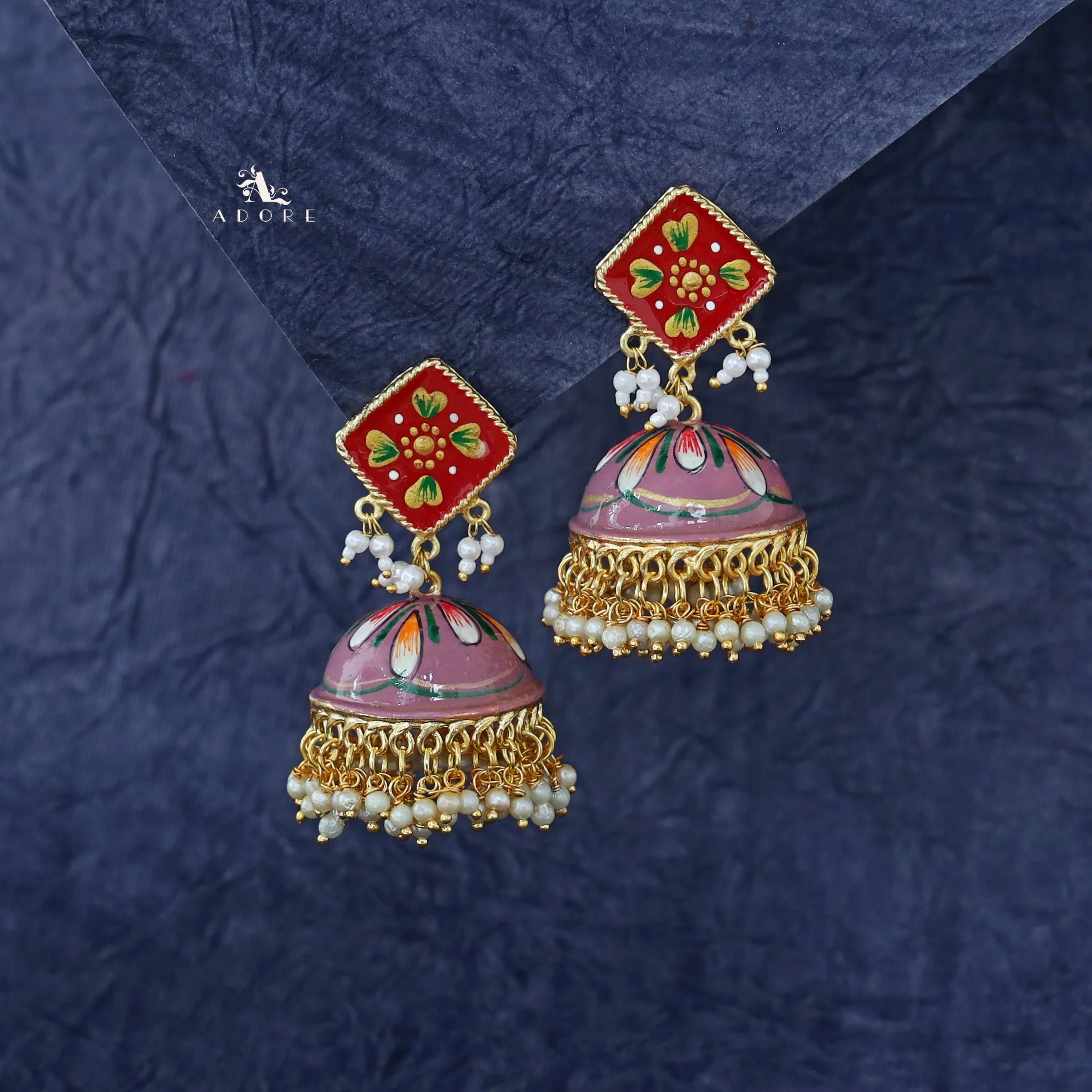 Hand Painted Cluster Pearl Diamond Jhumka - Image 27
