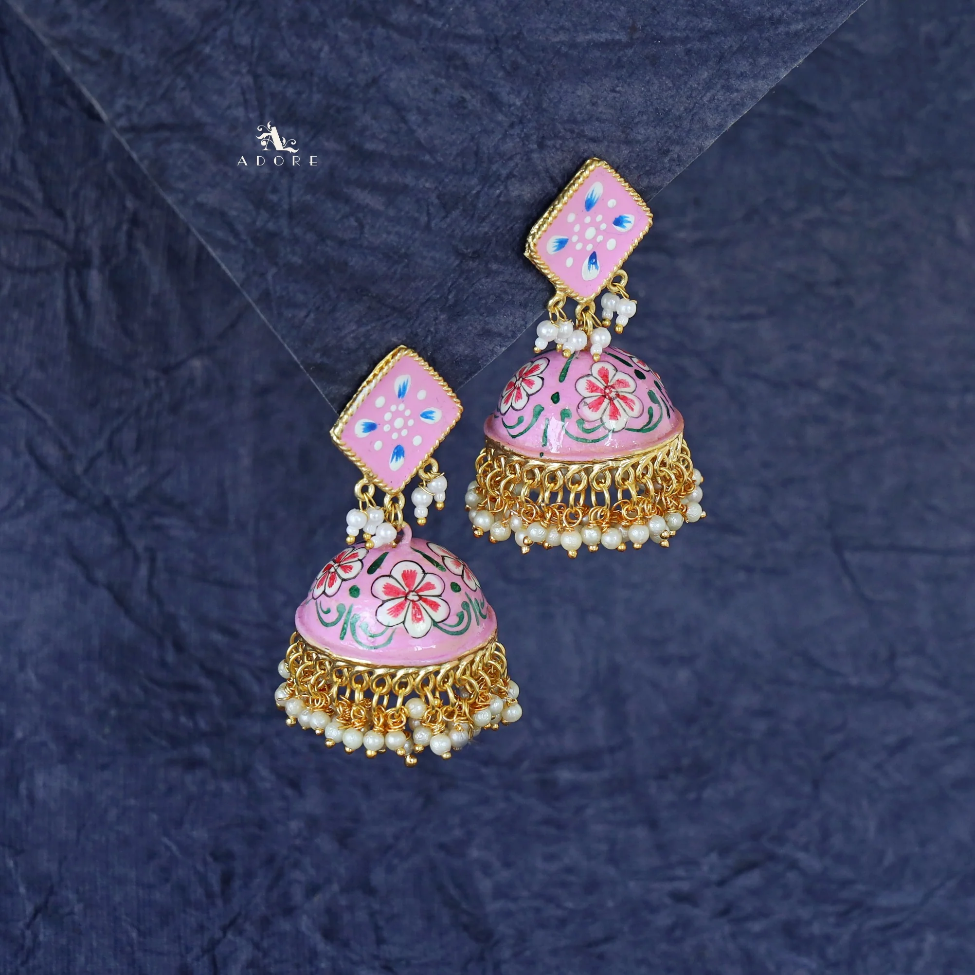 Hand Painted Cluster Pearl Diamond Jhumka - Image 28