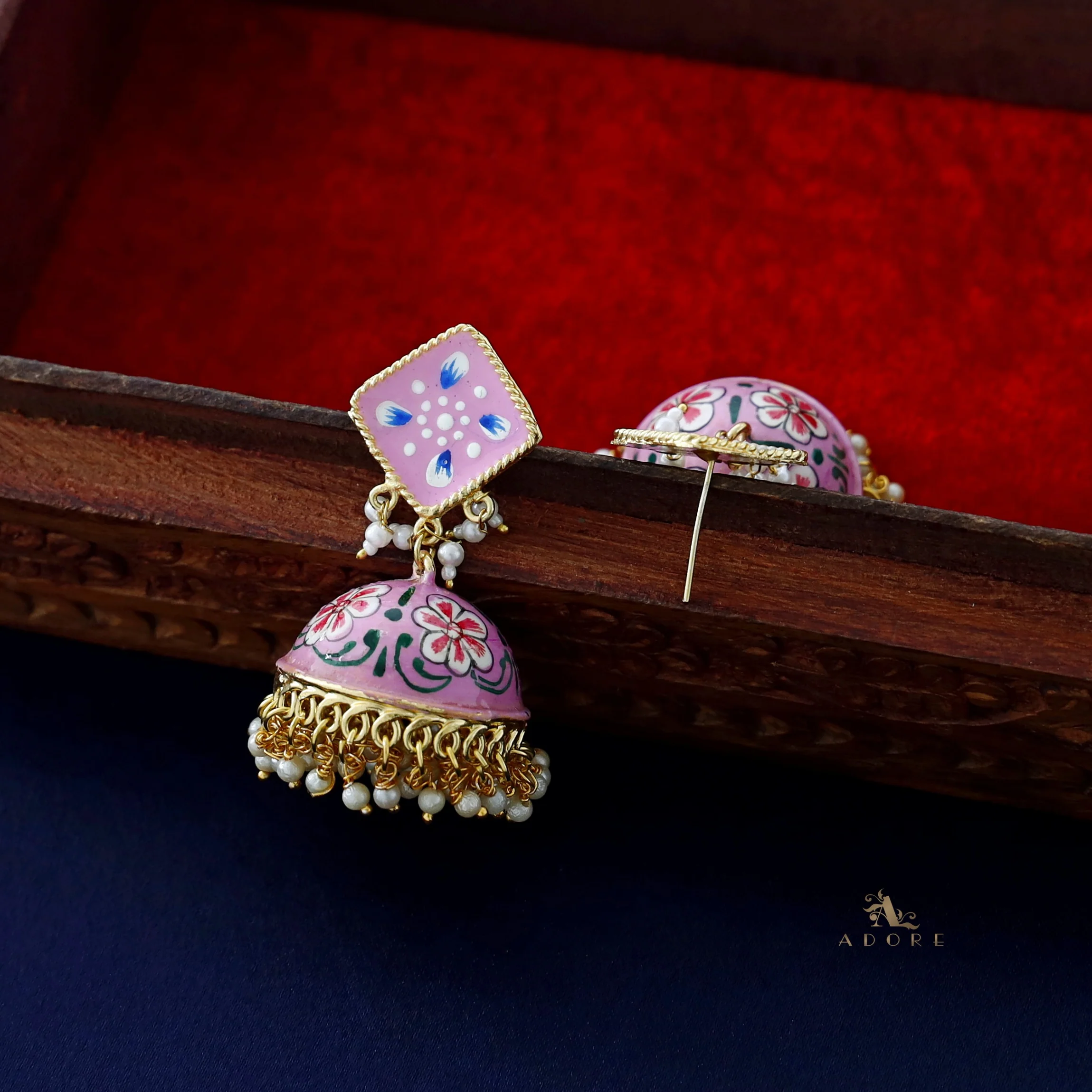 Hand Painted Cluster Pearl Diamond Jhumka - Image 29