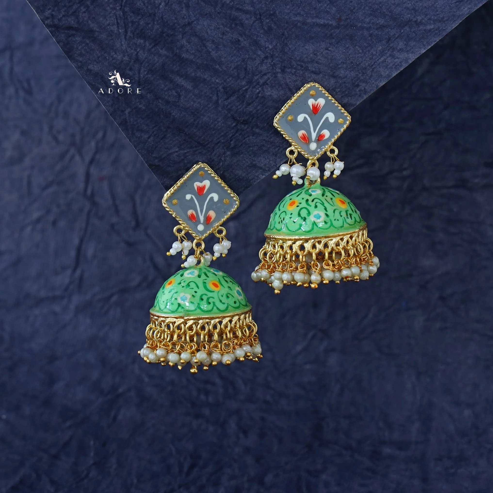 Hand Painted Cluster Pearl Diamond Jhumka - Image 3
