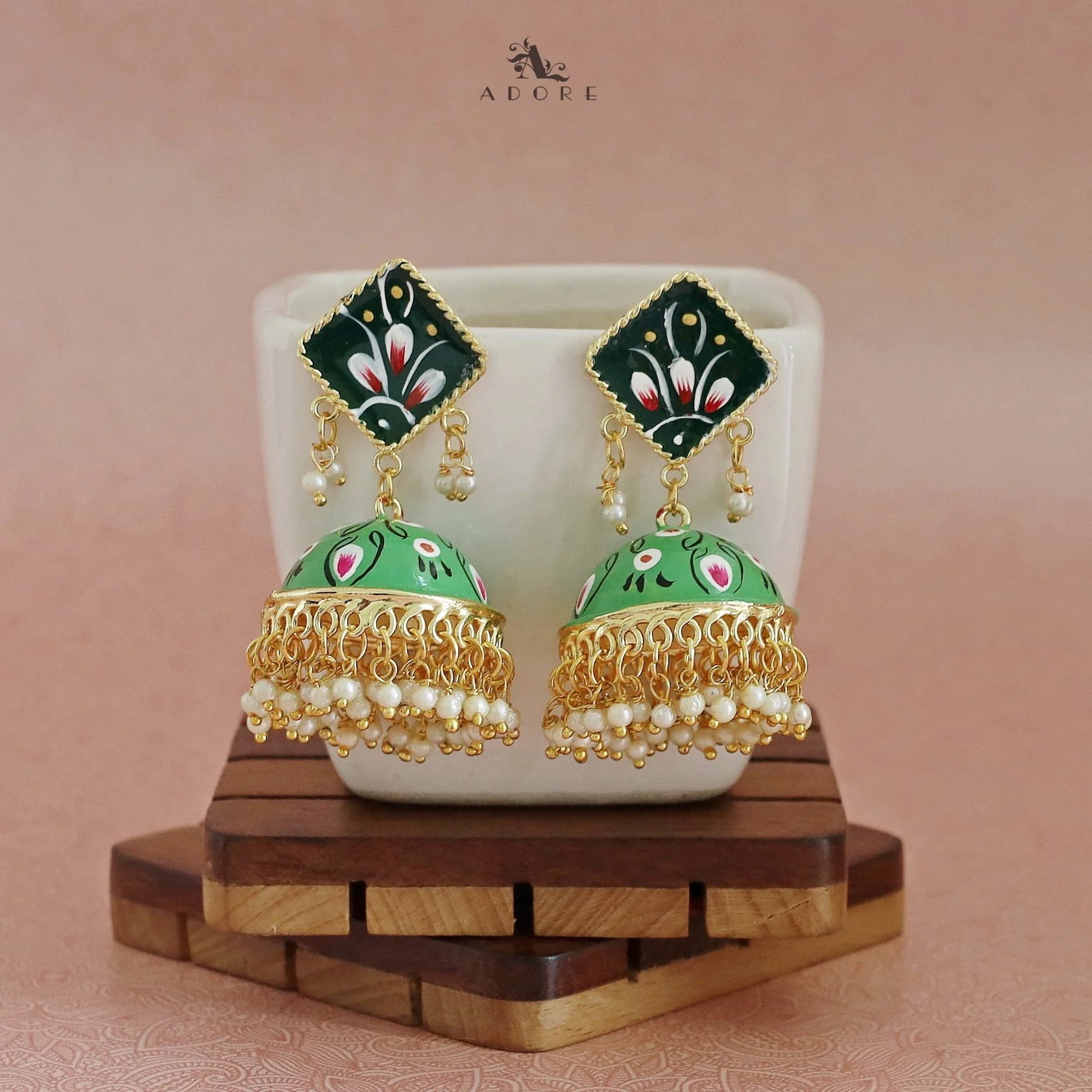 Hand Painted Cluster Pearl Diamond Jhumka - Image 30