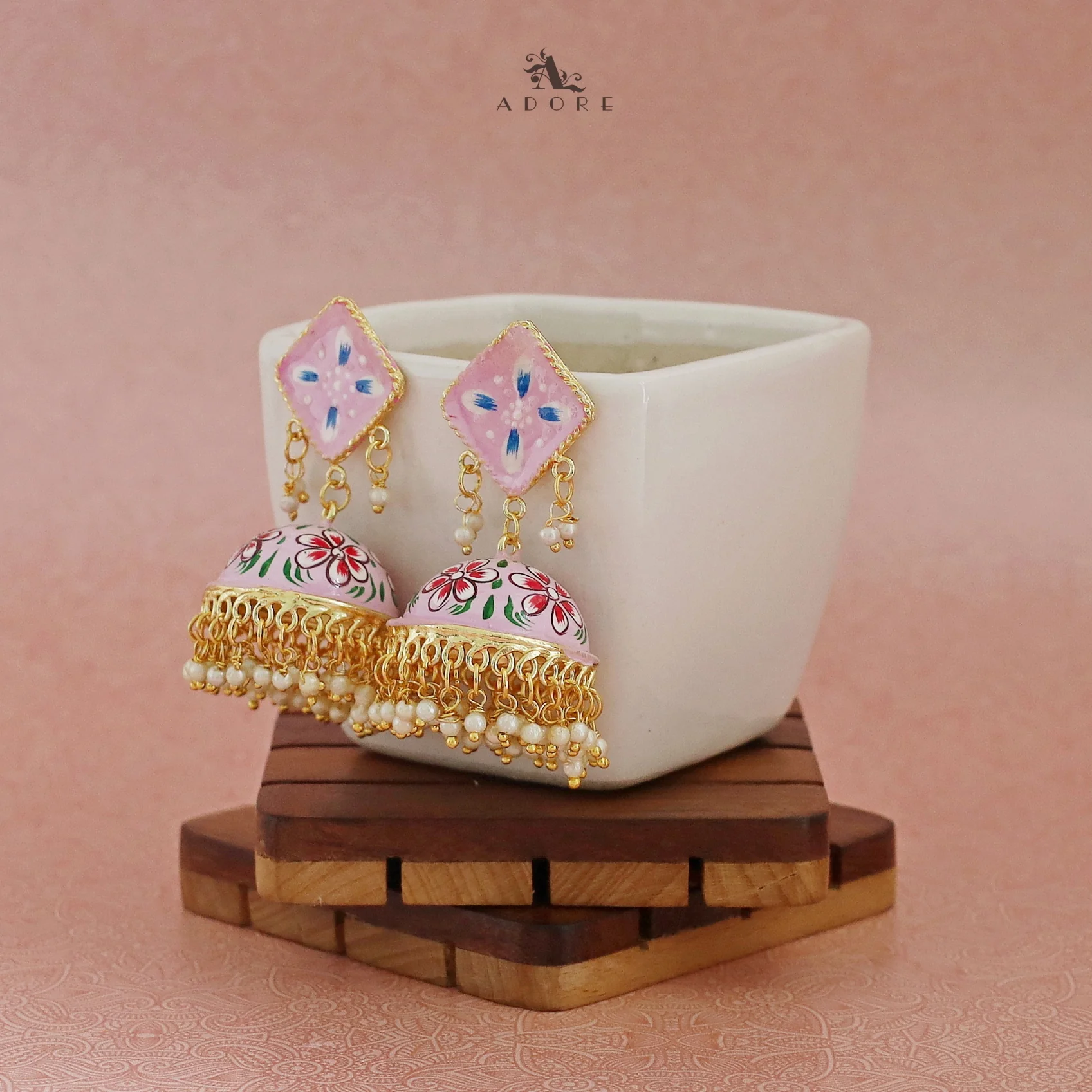 Hand Painted Cluster Pearl Diamond Jhumka - Image 31