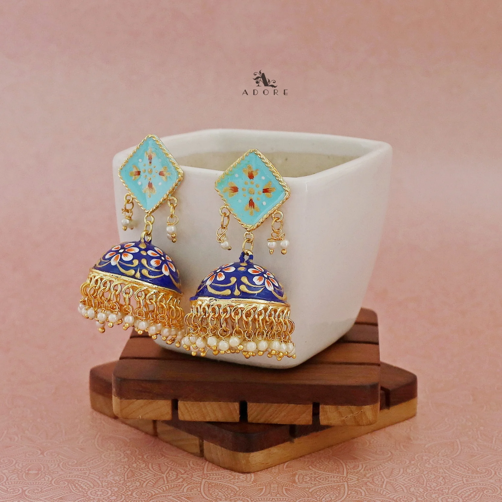 Hand Painted Cluster Pearl Diamond Jhumka - Image 32