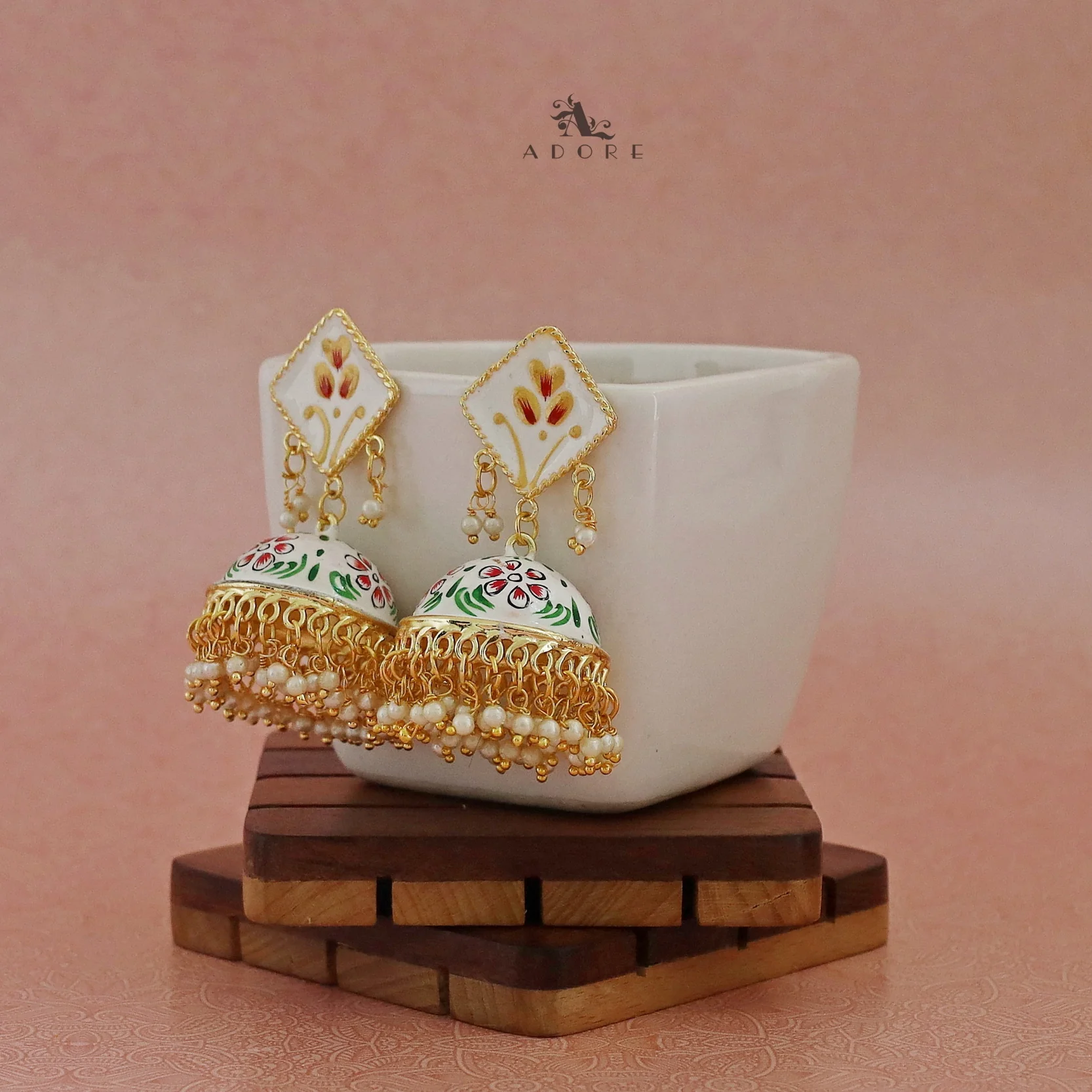 Hand Painted Cluster Pearl Diamond Jhumka - Image 33