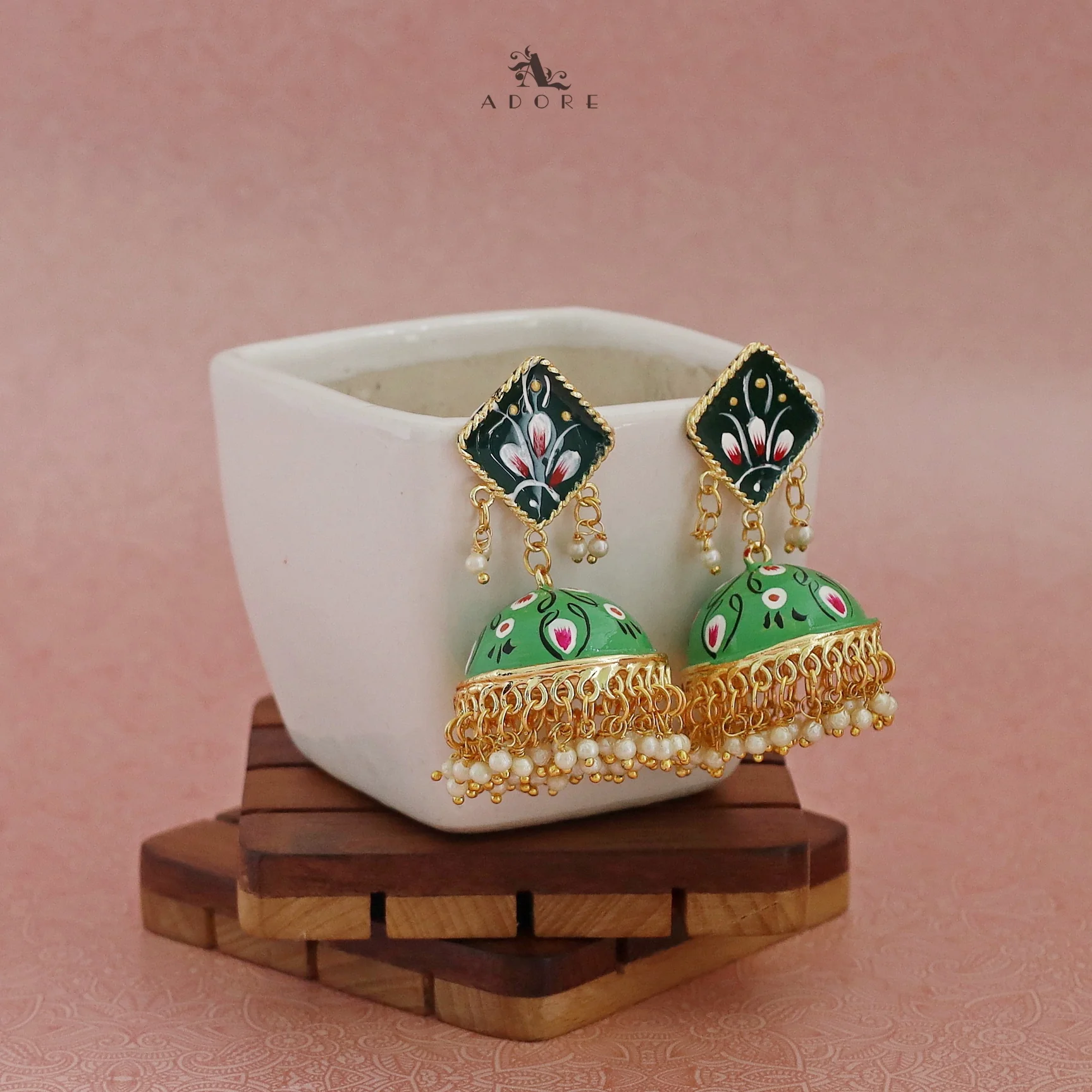 Hand Painted Cluster Pearl Diamond Jhumka - Image 34