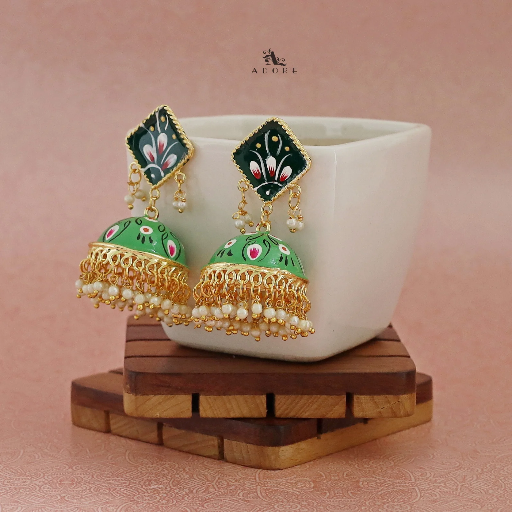 Hand Painted Cluster Pearl Diamond Jhumka - Image 35