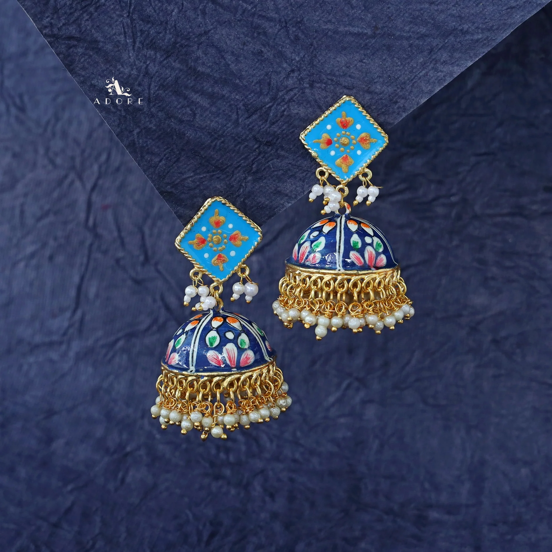 Hand Painted Cluster Pearl Diamond Jhumka - Image 4