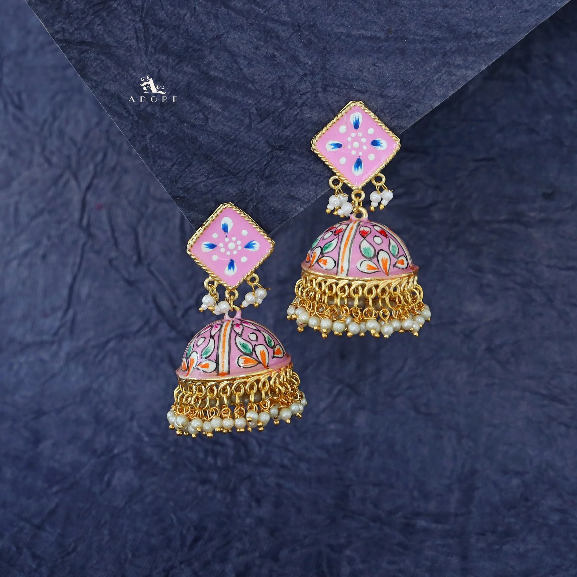 Hand Painted Cluster Pearl Diamond Jhumka - Image 5