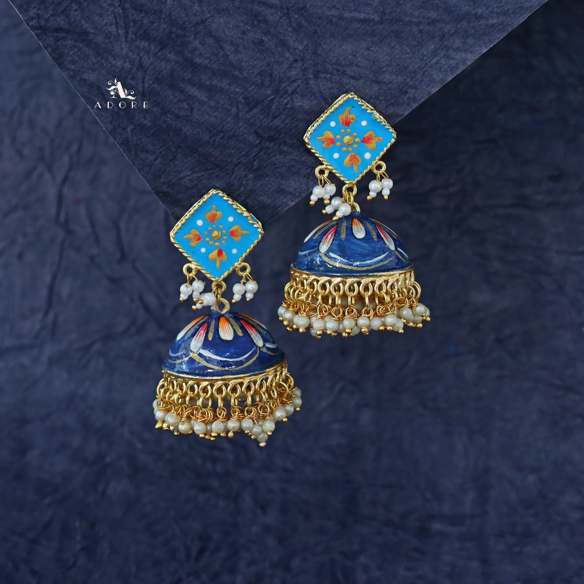 Hand Painted Cluster Pearl Diamond Jhumka - Image 6