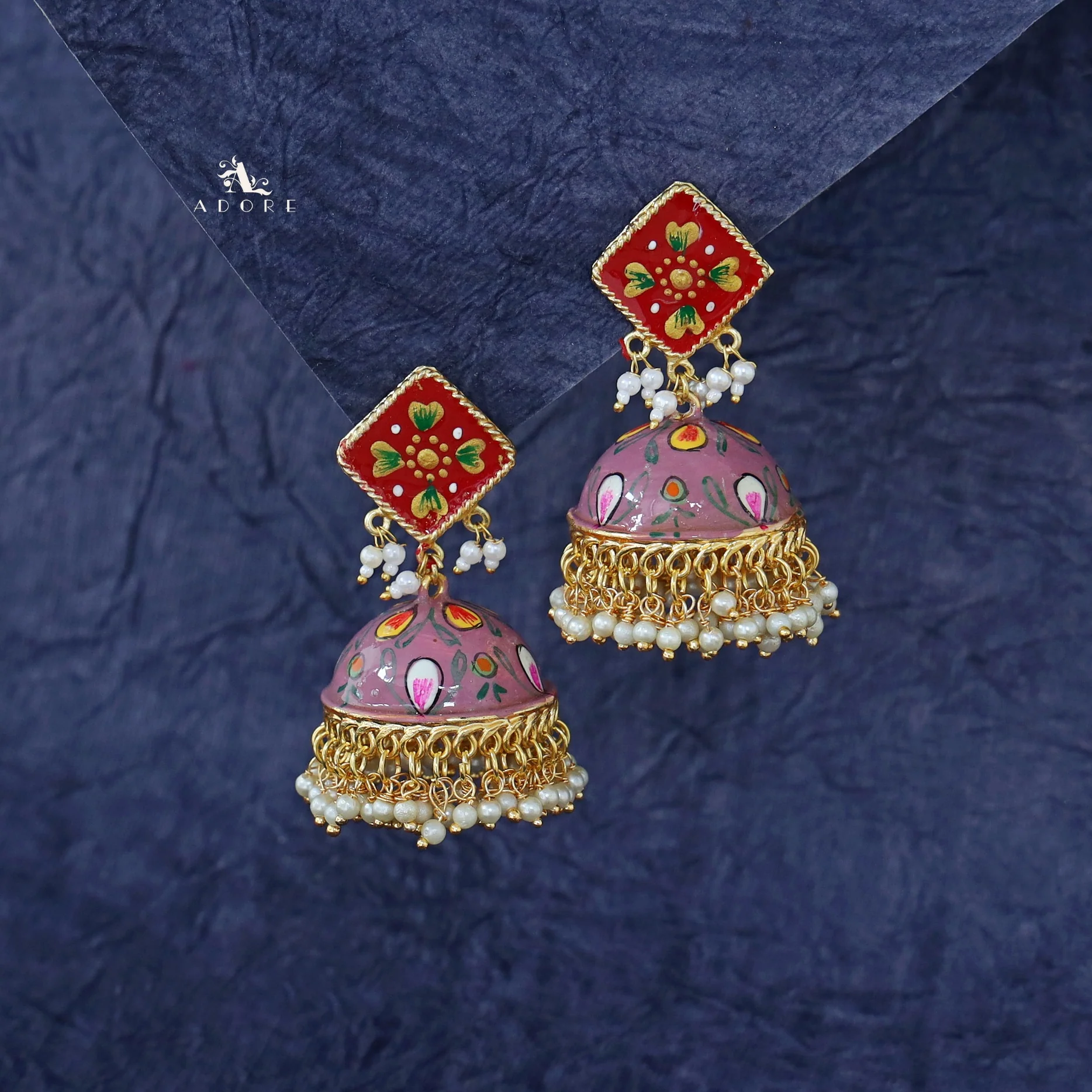 Hand Painted Cluster Pearl Diamond Jhumka - Image 7
