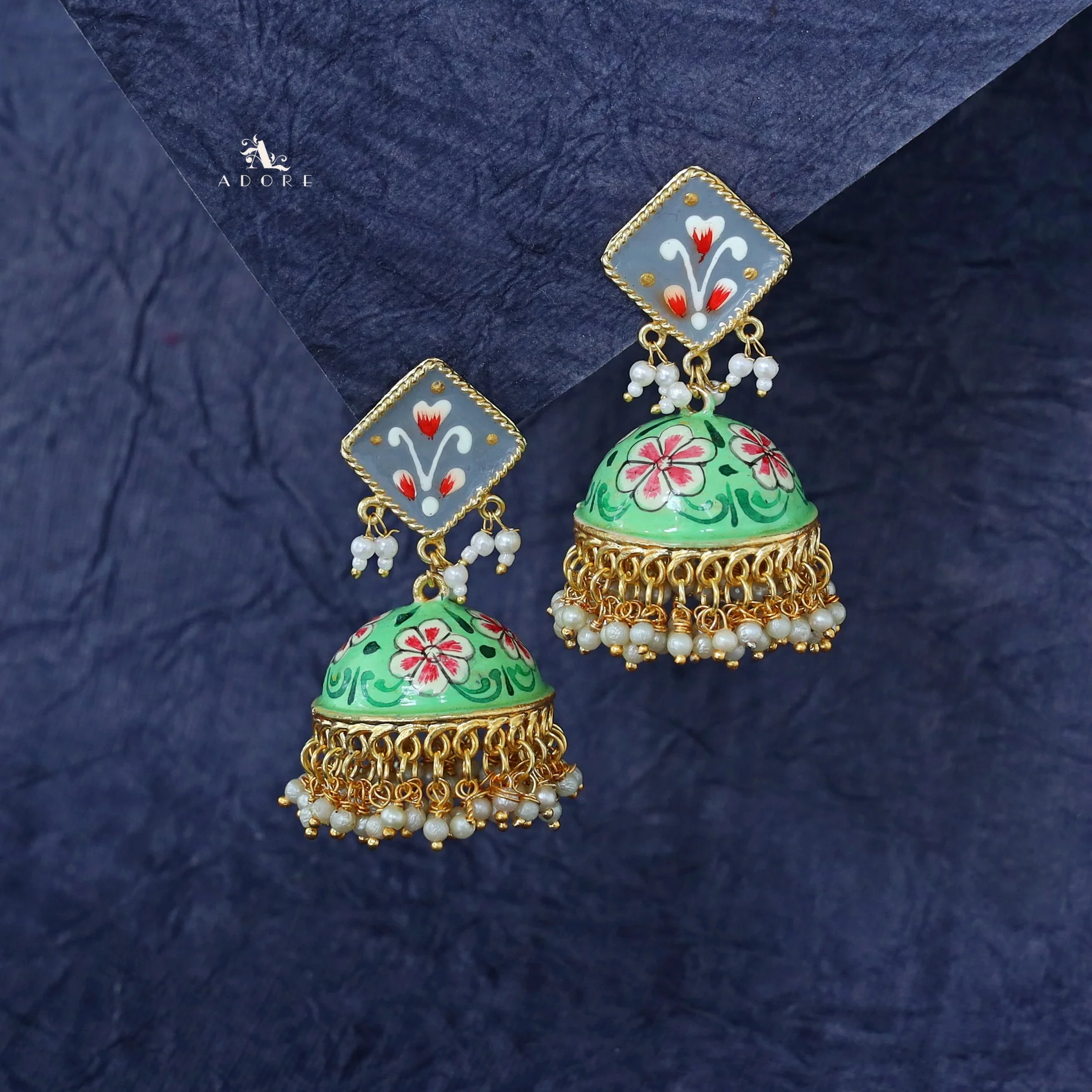 Hand Painted Cluster Pearl Diamond Jhumka - Image 8