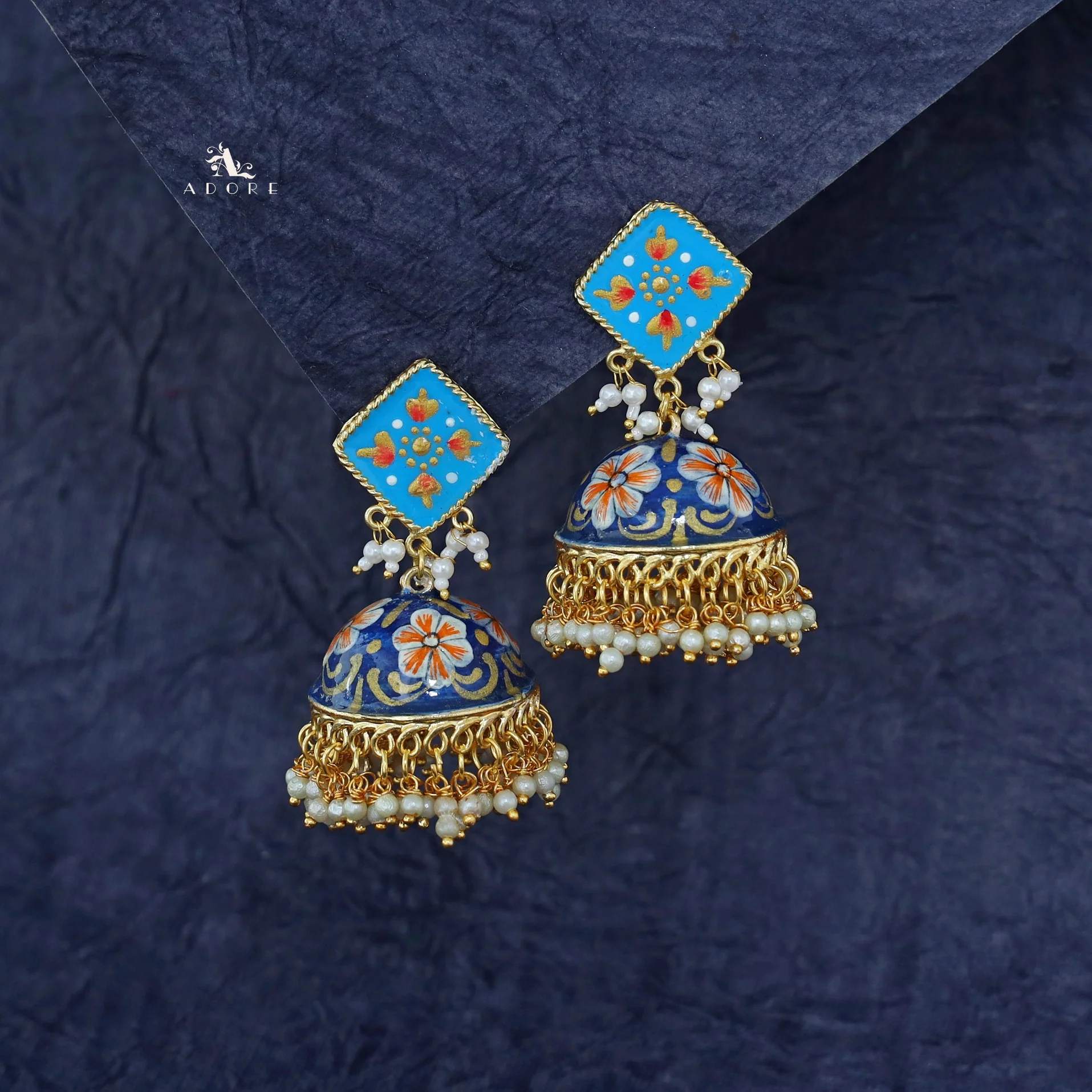 Hand Painted Cluster Pearl Diamond Jhumka - Image 9