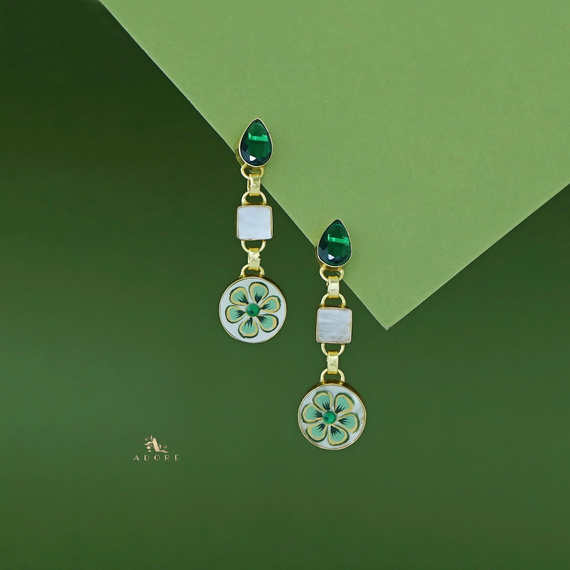 Hand Painted Glossy Tri Shape MOP Earring - Image 2