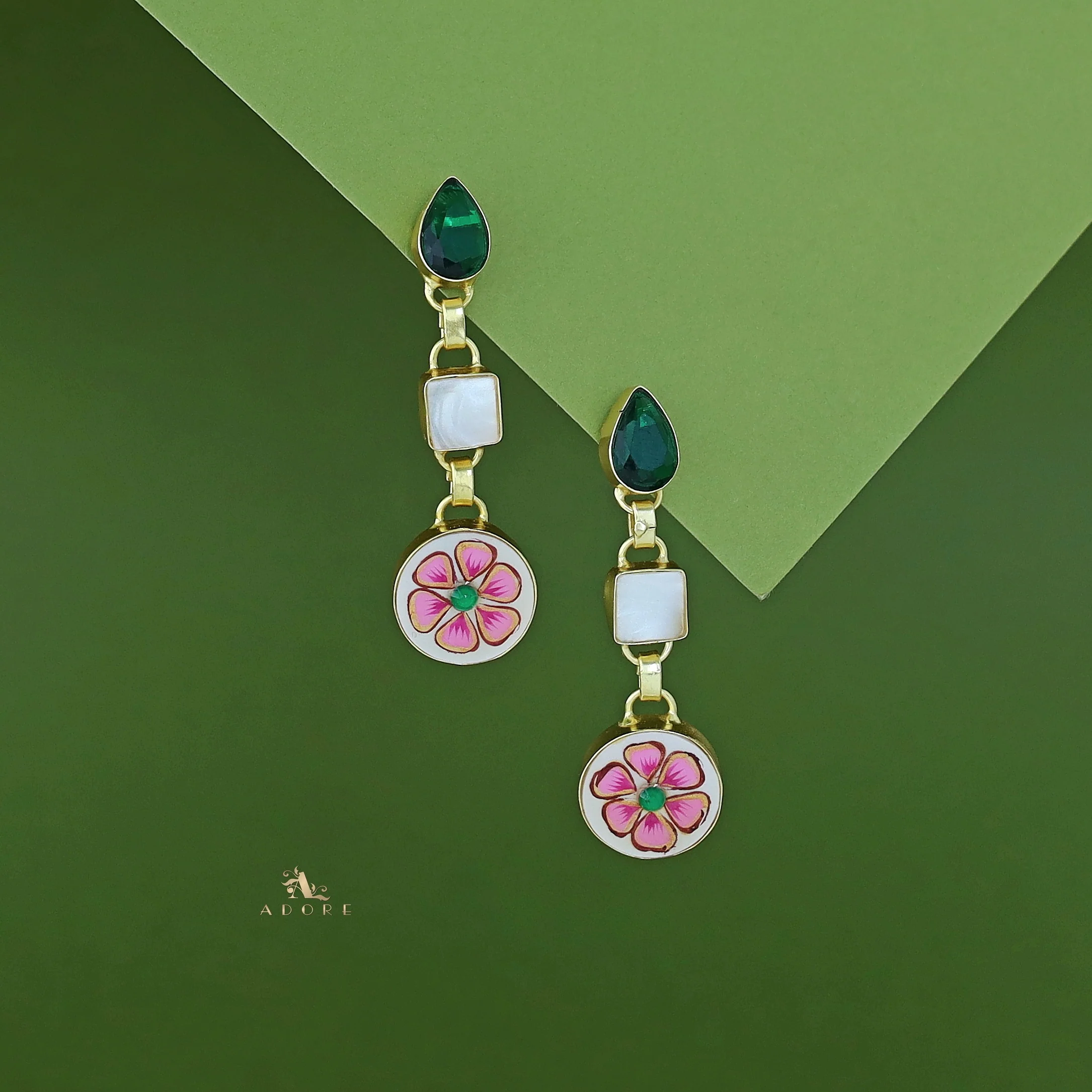 Hand Painted Glossy Tri Shape MOP Earring - Image 6