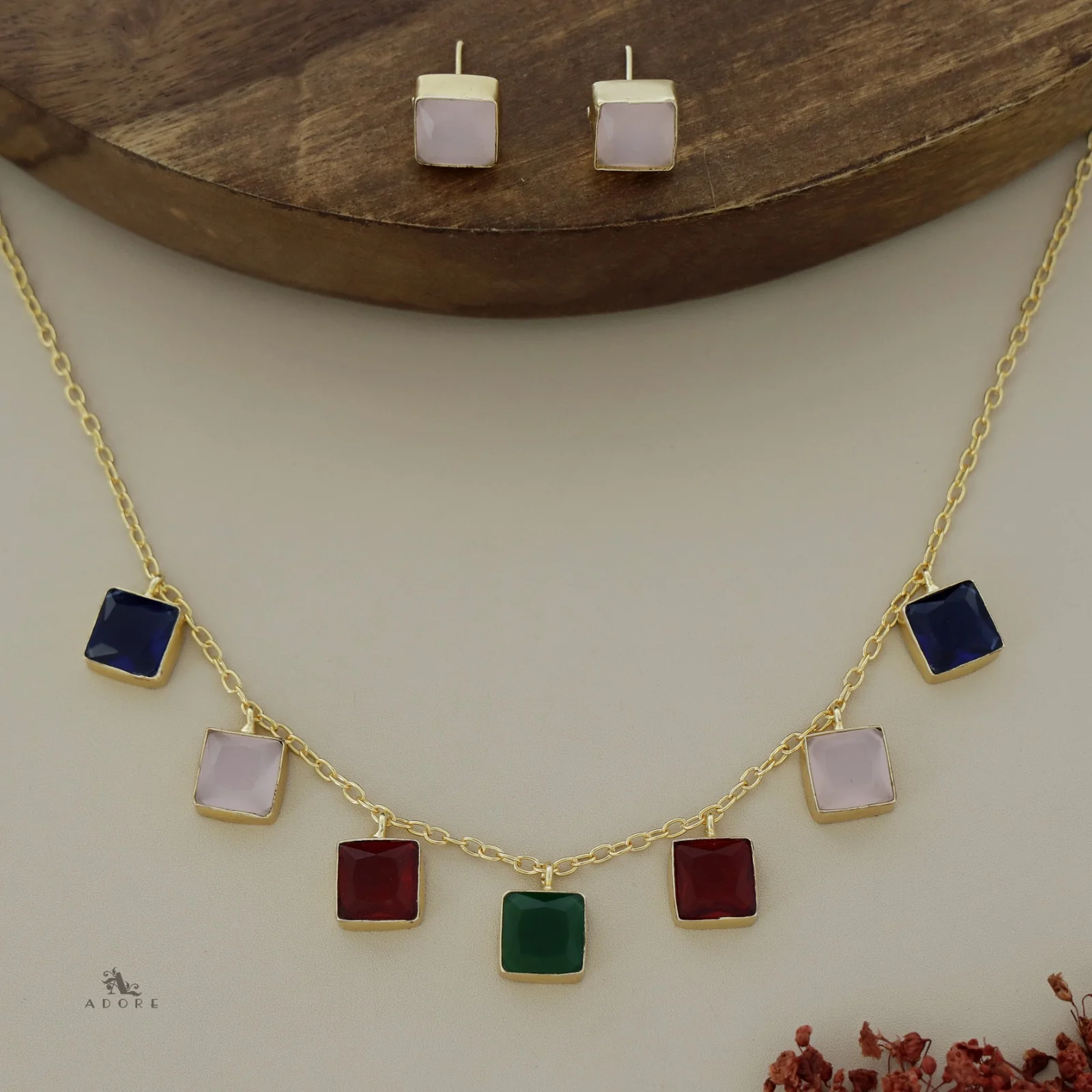 Hanging 7 Stone Square Drop Short Neckpiece With Stud - Image 12