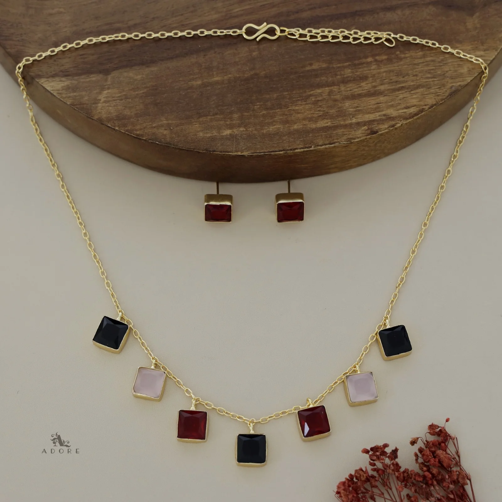 Hanging 7 Stone Square Drop Short Neckpiece With Stud - Image 13