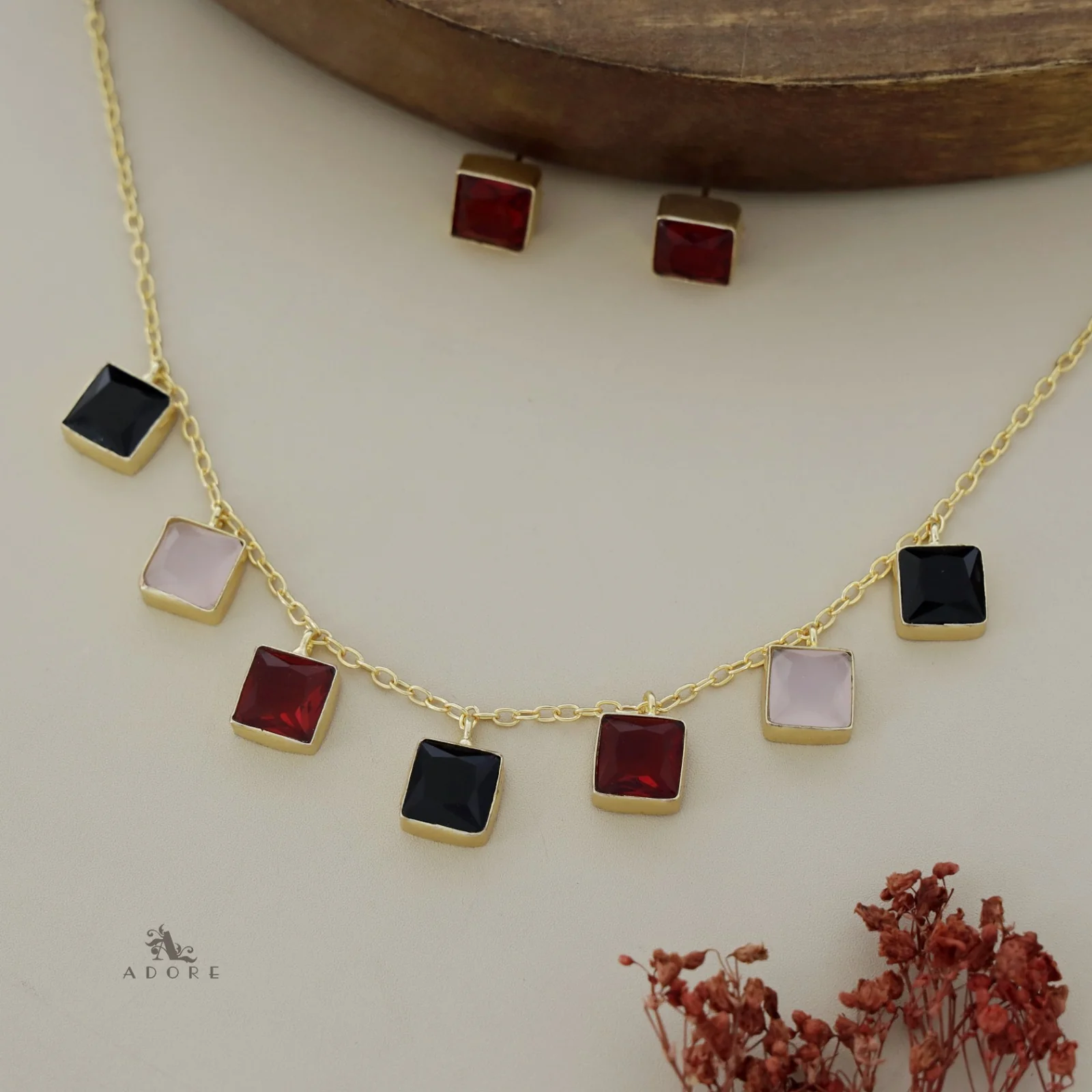 Hanging 7 Stone Square Drop Short Neckpiece With Stud - Image 14