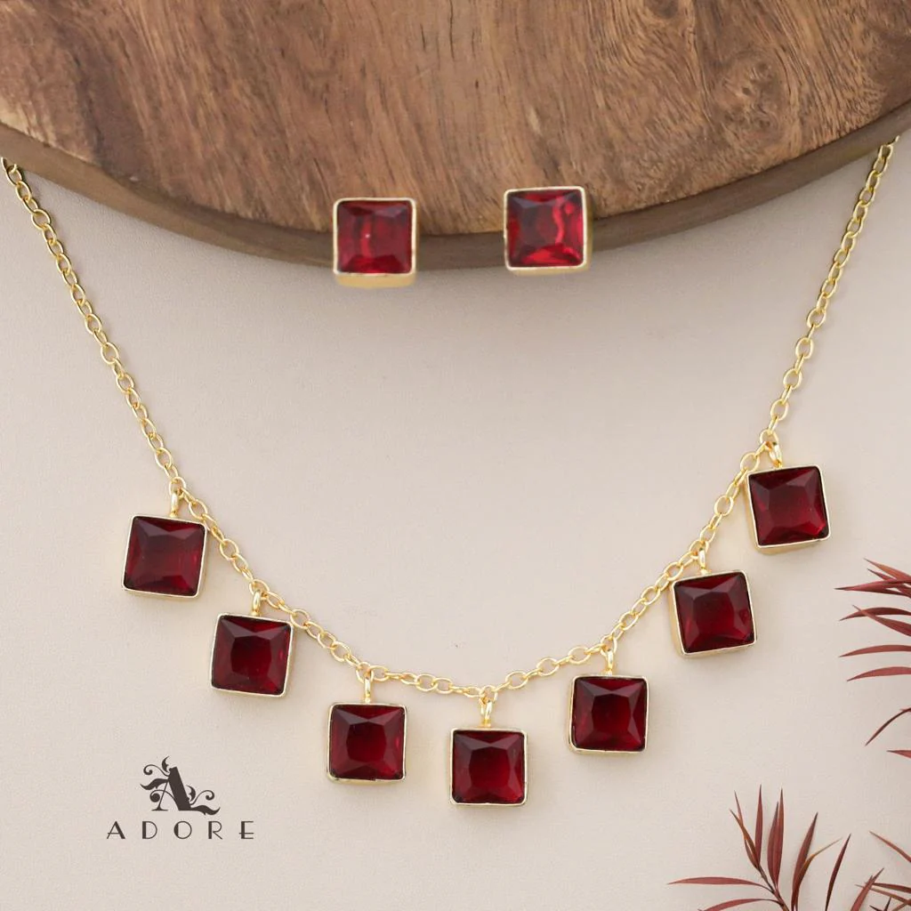 Hanging 7 Stone Square Drop Short Neckpiece With Stud - Image 2