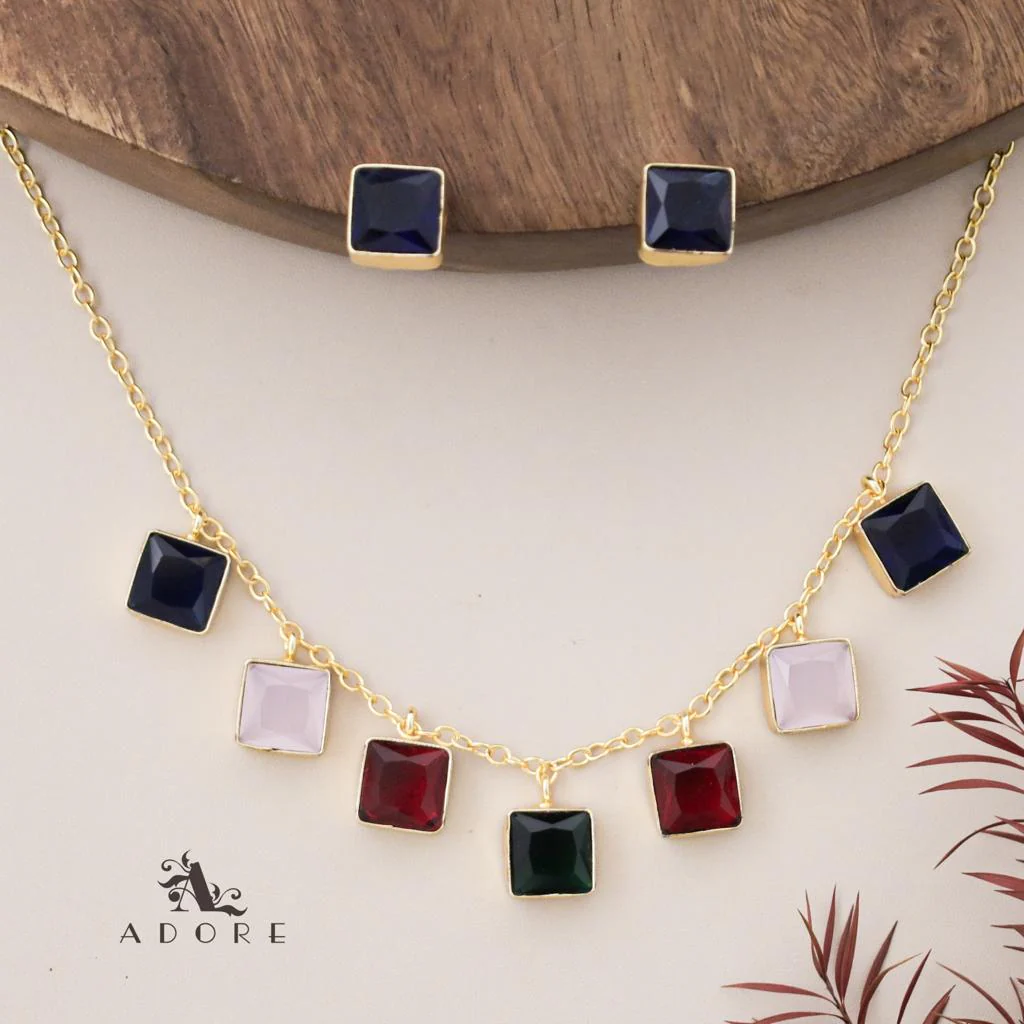 Hanging 7 Stone Square Drop Short Neckpiece With Stud - Image 3