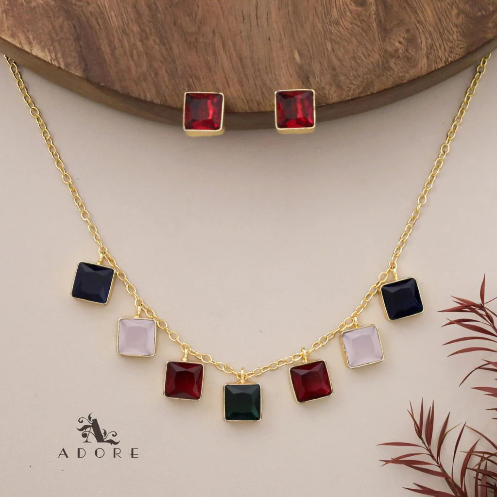 Hanging 7 Stone Square Drop Short Neckpiece With Stud - Image 5