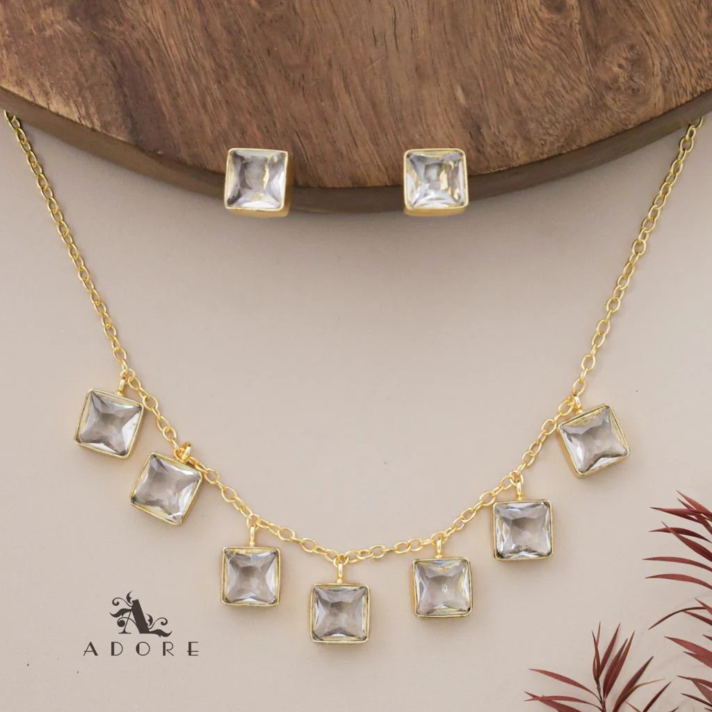 Hanging 7 Stone Square Drop Short Neckpiece With Stud - Image 8