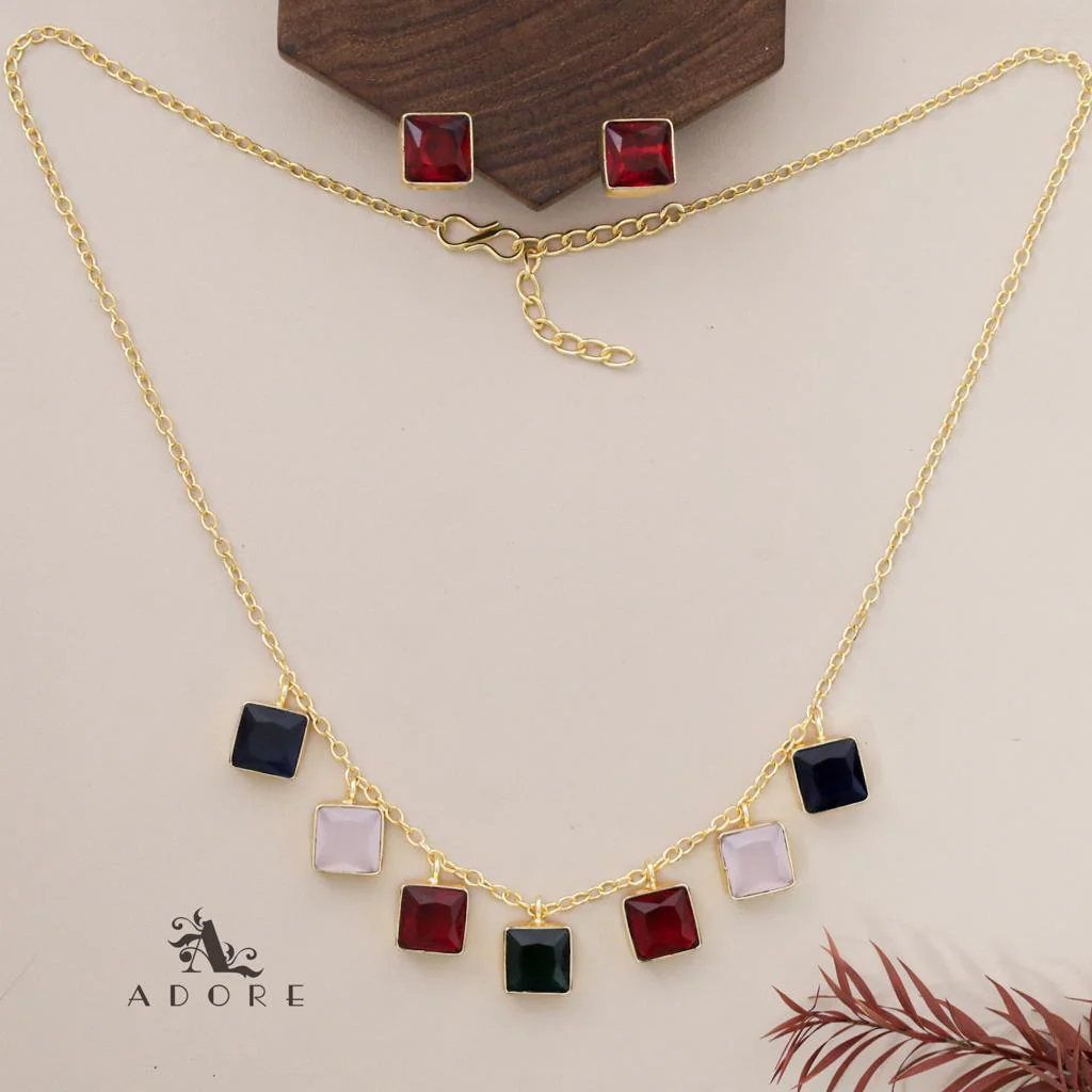 Hanging 7 Stone Square Drop Short Neckpiece With Stud - Image 9