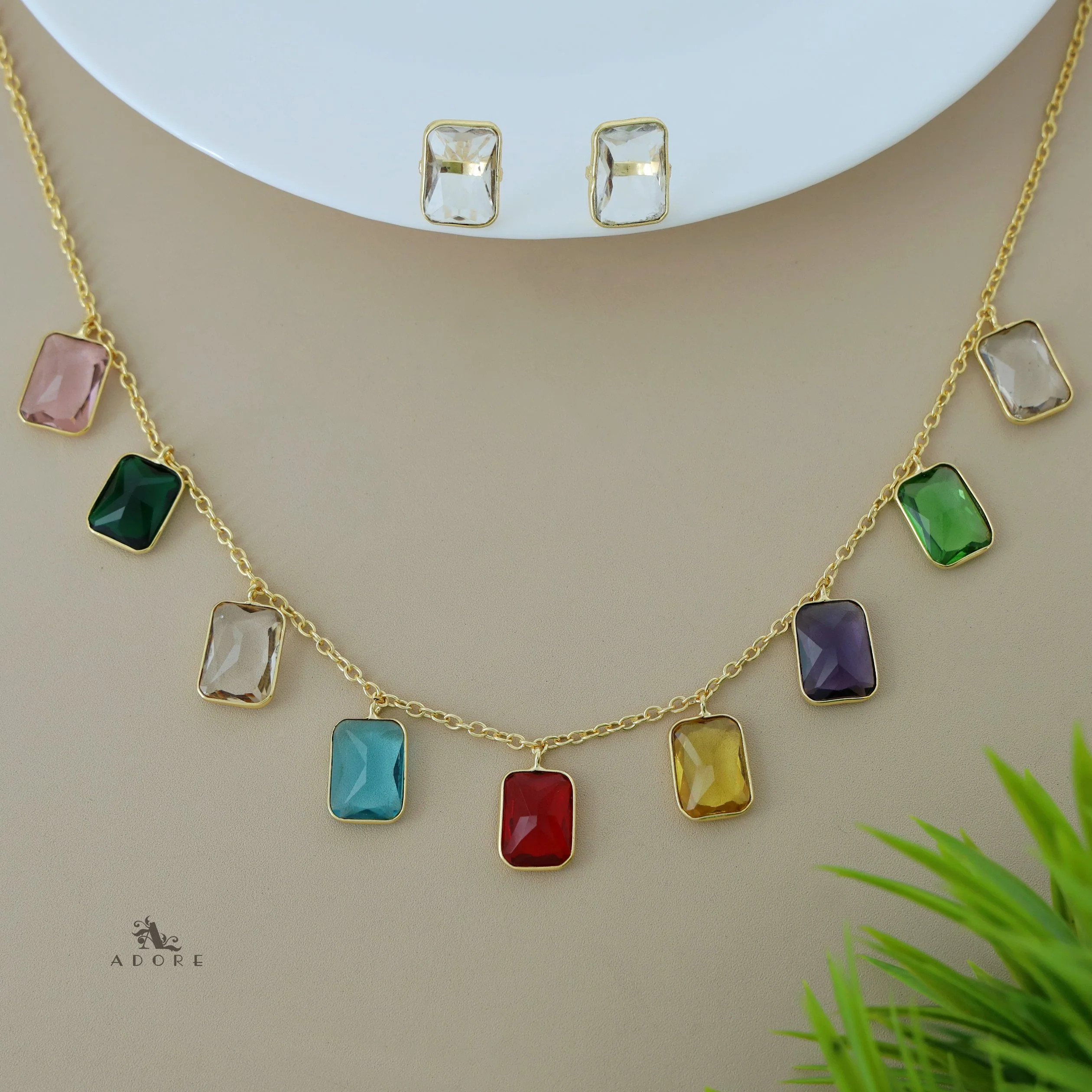 Hanging 9 Stone Rectangle Glossy Neckpiece With Stud - Image 11