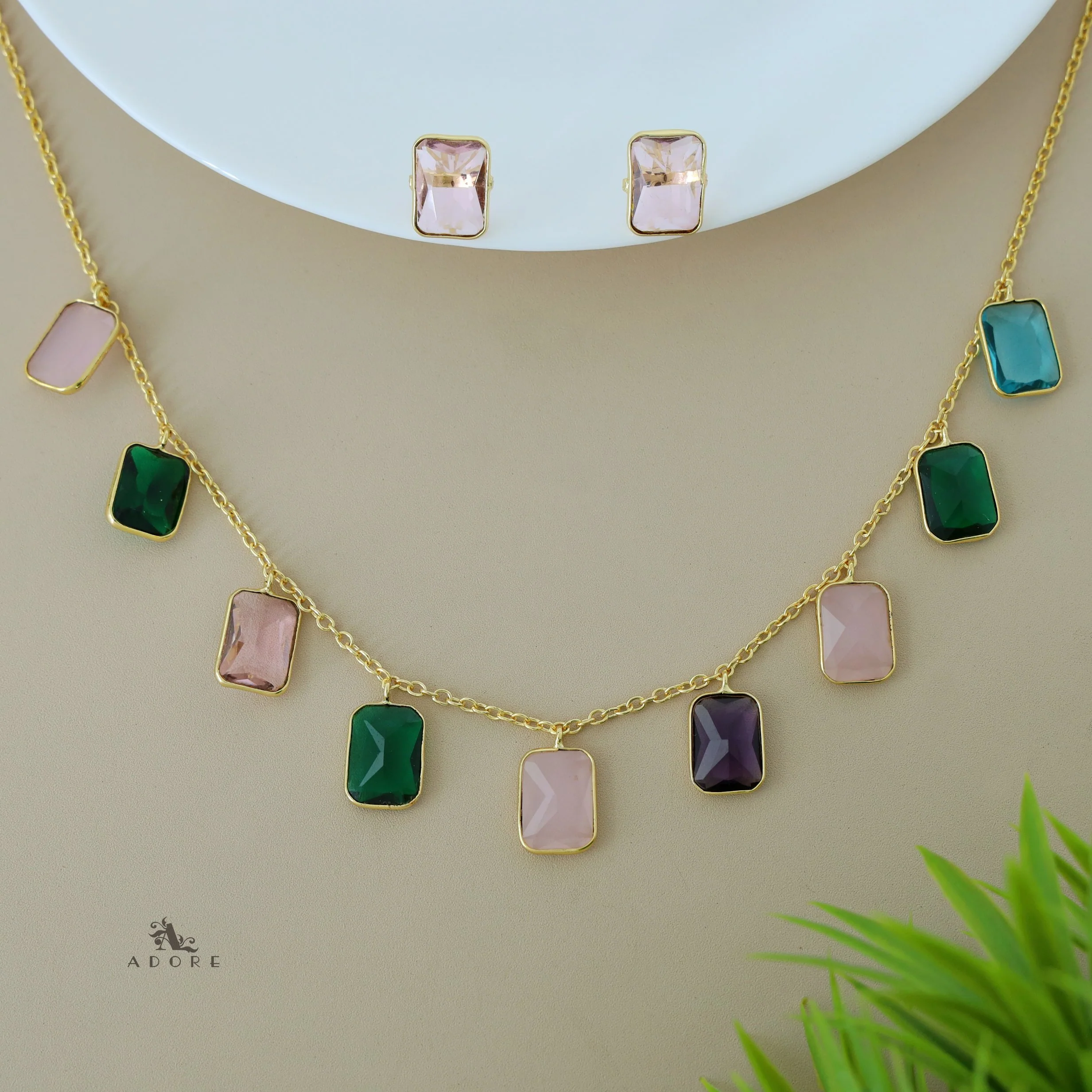 Hanging 9 Stone Rectangle Glossy Neckpiece With Stud - Image 12