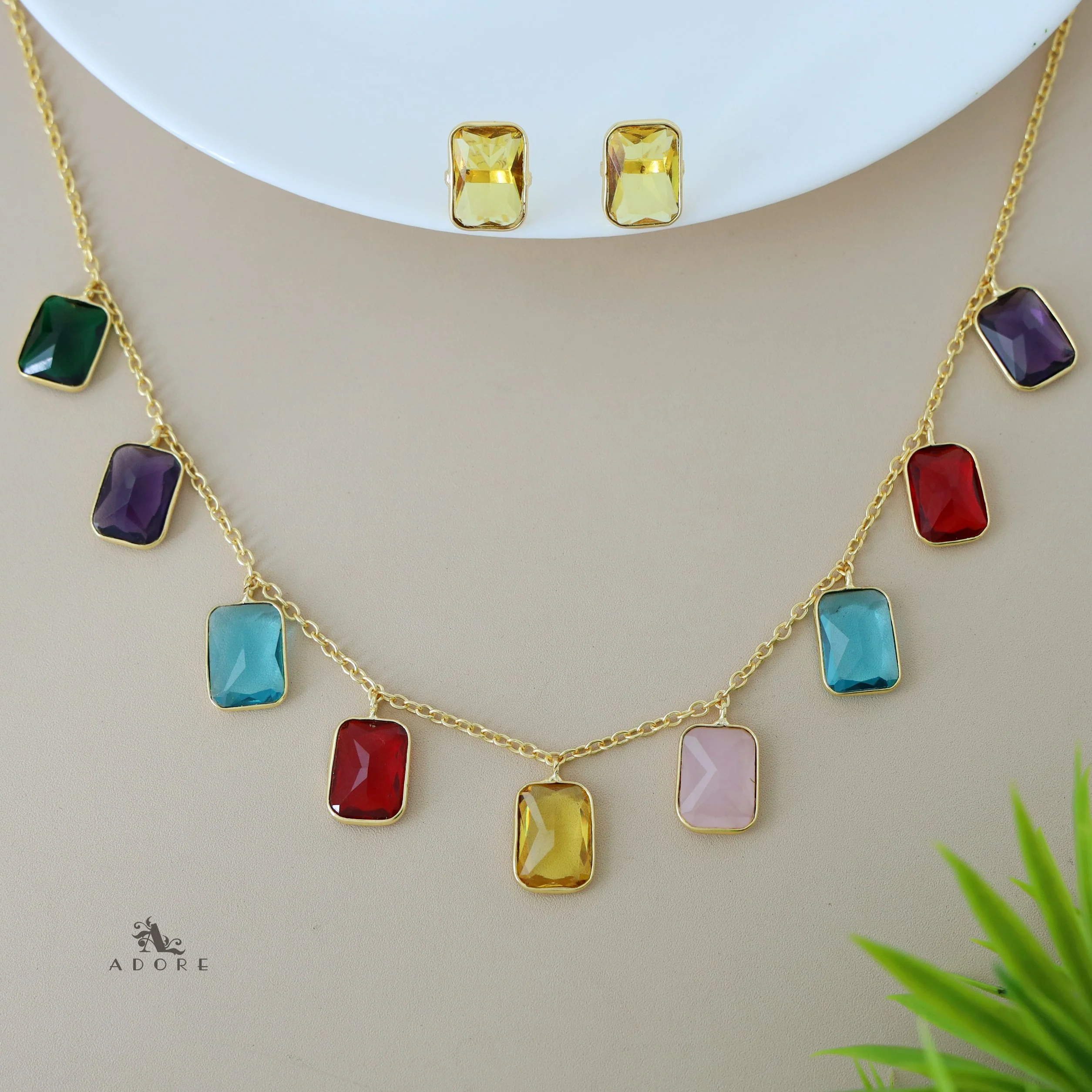 Hanging 9 Stone Rectangle Glossy Neckpiece With Stud - Image 13