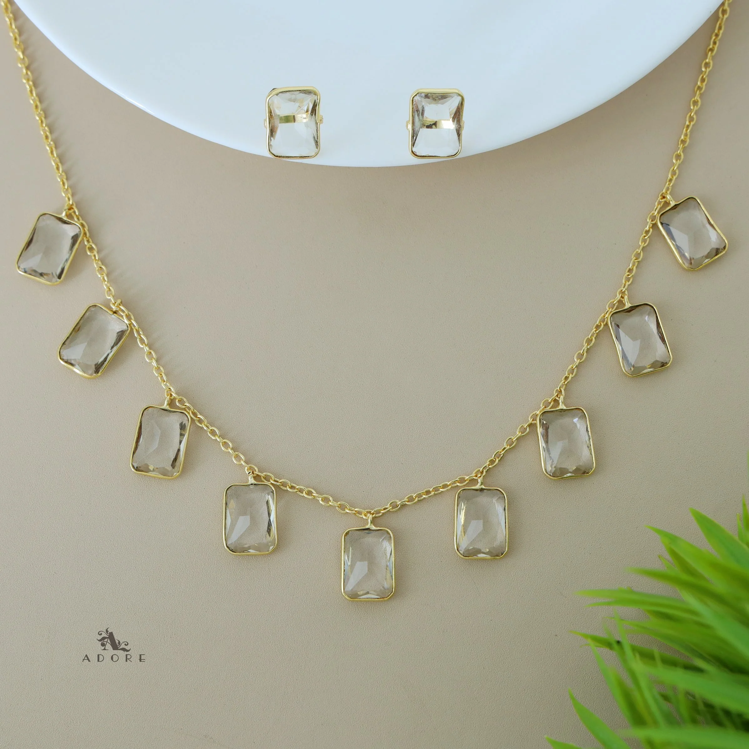 Hanging 9 Stone Rectangle Glossy Neckpiece With Stud - Image 2