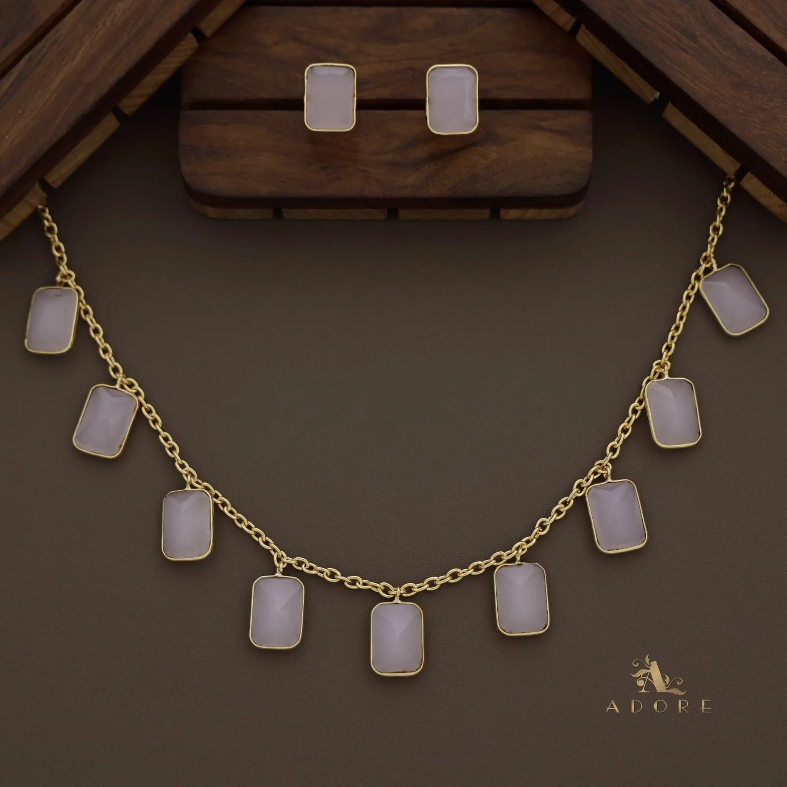 Hanging 9 Stone Rectangle Glossy Neckpiece With Stud - Image 3