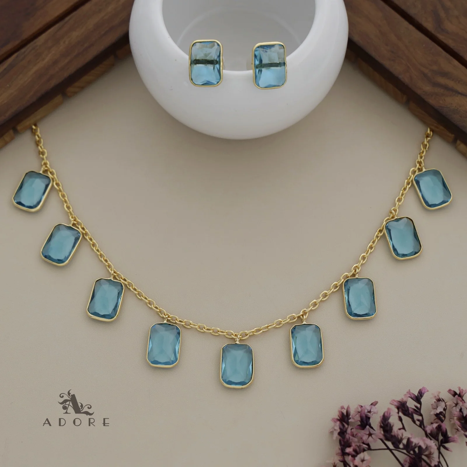 Hanging 9 Stone Rectangle Glossy Neckpiece With Stud - Image 4