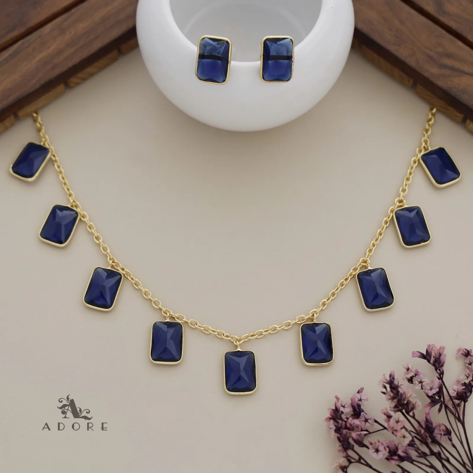 Hanging 9 Stone Rectangle Glossy Neckpiece With Stud - Image 5