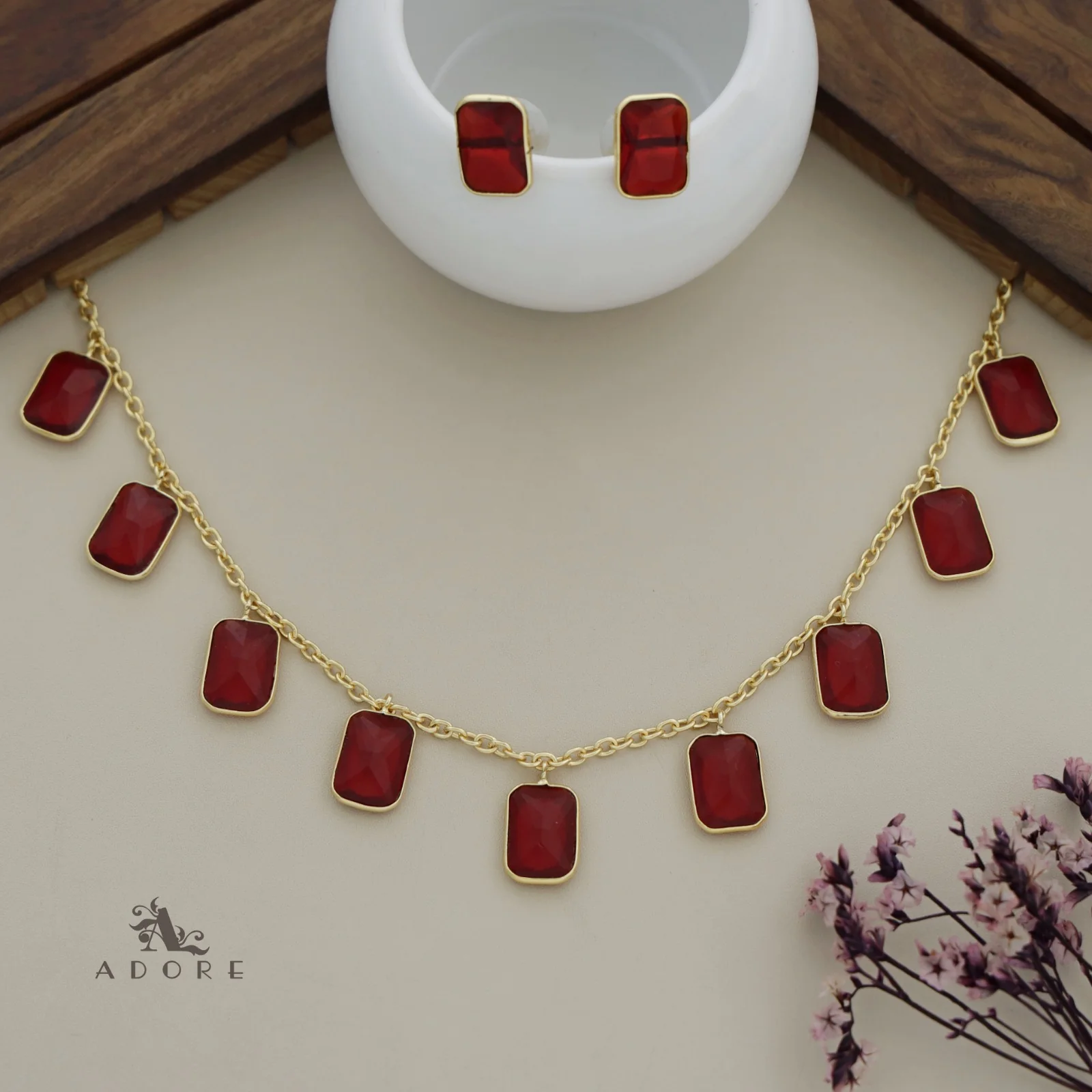 Hanging 9 Stone Rectangle Glossy Neckpiece With Stud - Image 6