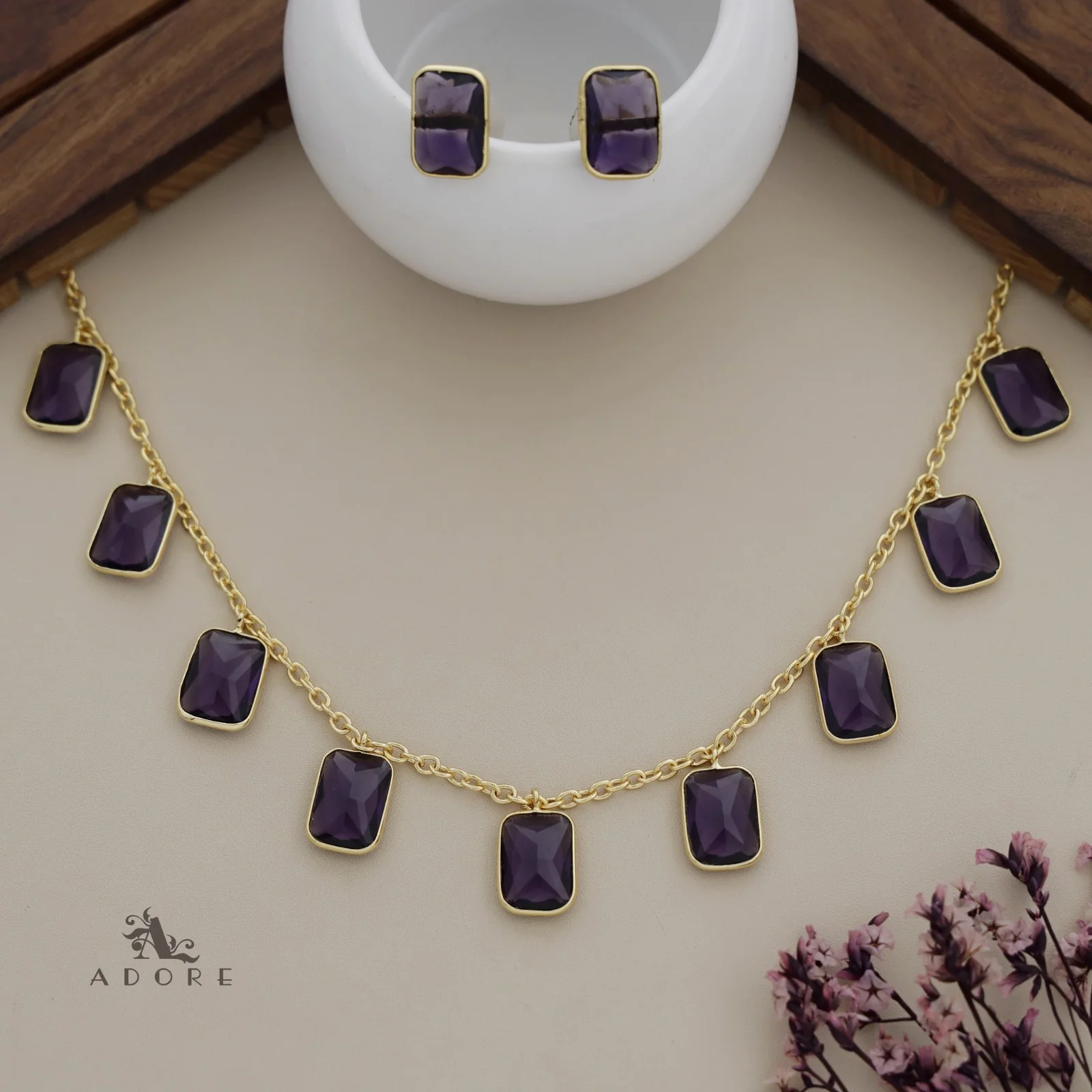 Hanging 9 Stone Rectangle Glossy Neckpiece With Stud - Image 8