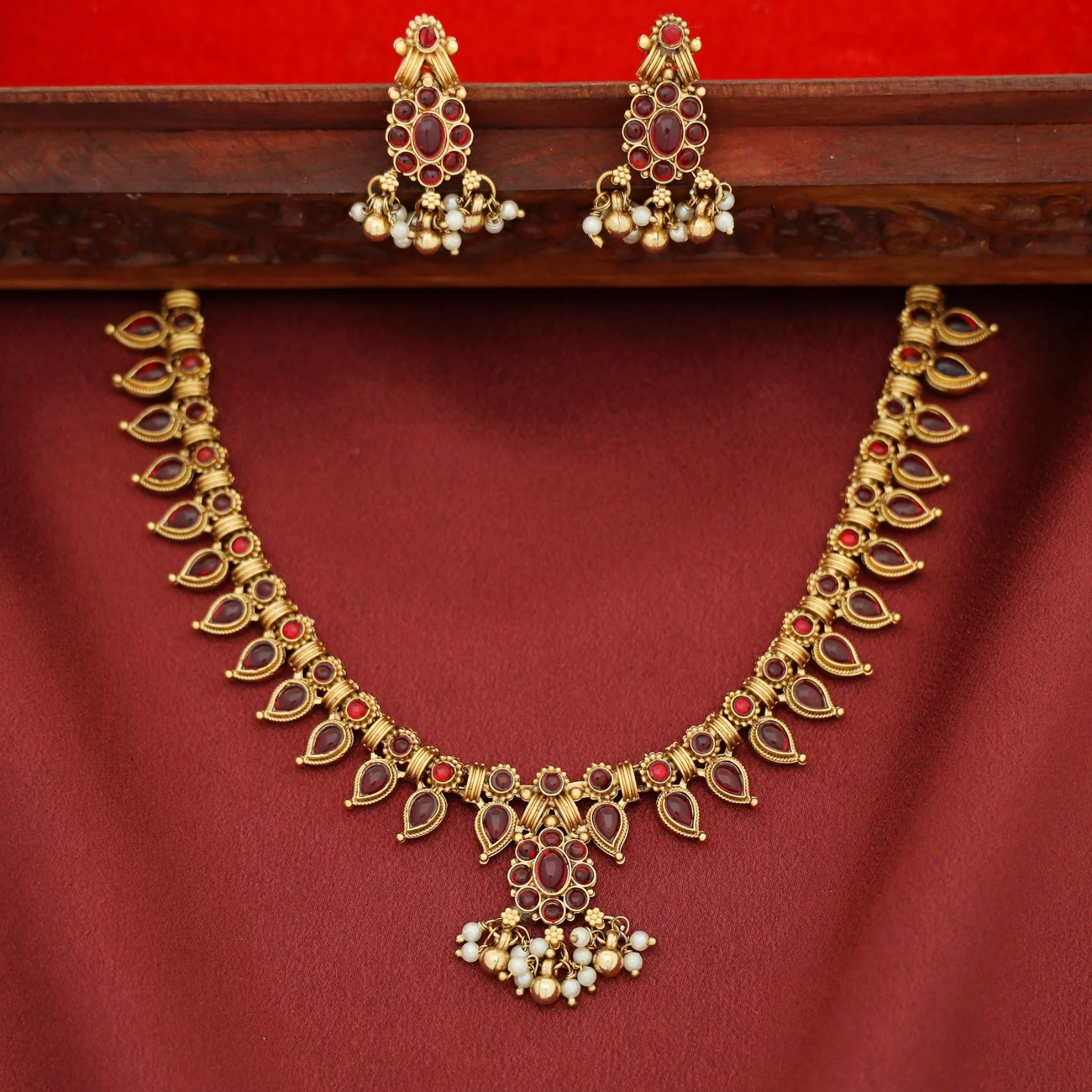 Hansitha Golden ball + Pearl Flower Neckpiece with Earring - Image 5
