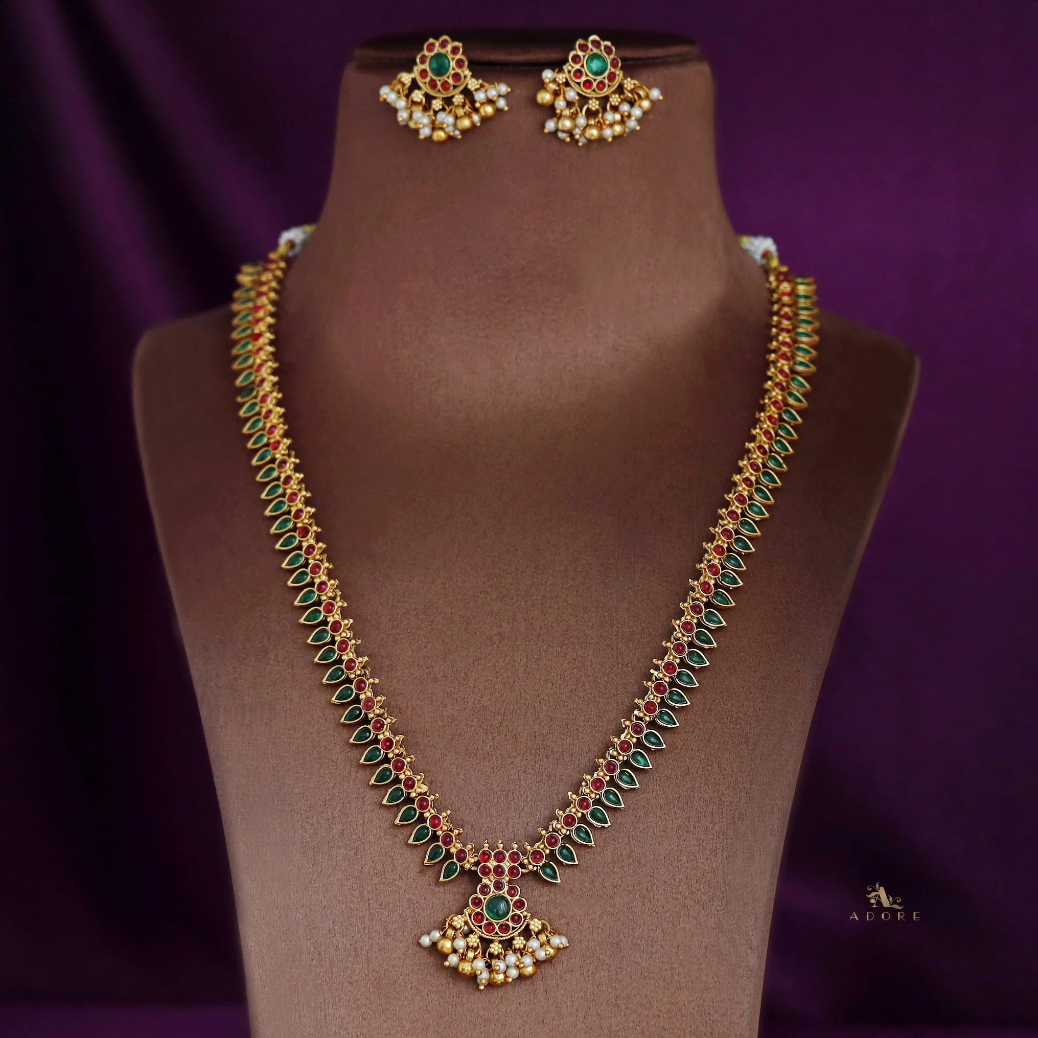 Uttara Floral Palakka Long Neckpiece With Earring - Image 3