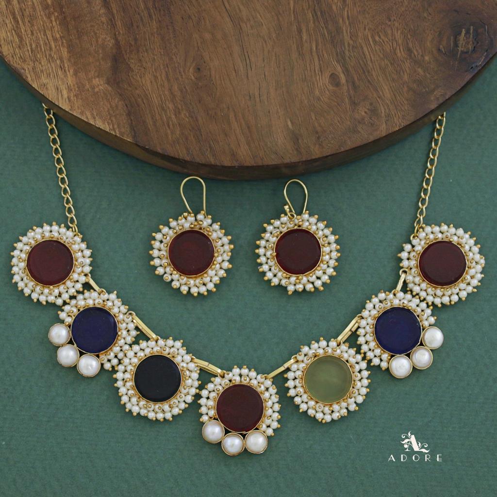 Harsha Raw Stone  Full Cluster Pearl Short Neckpiece With Drop - Image 3