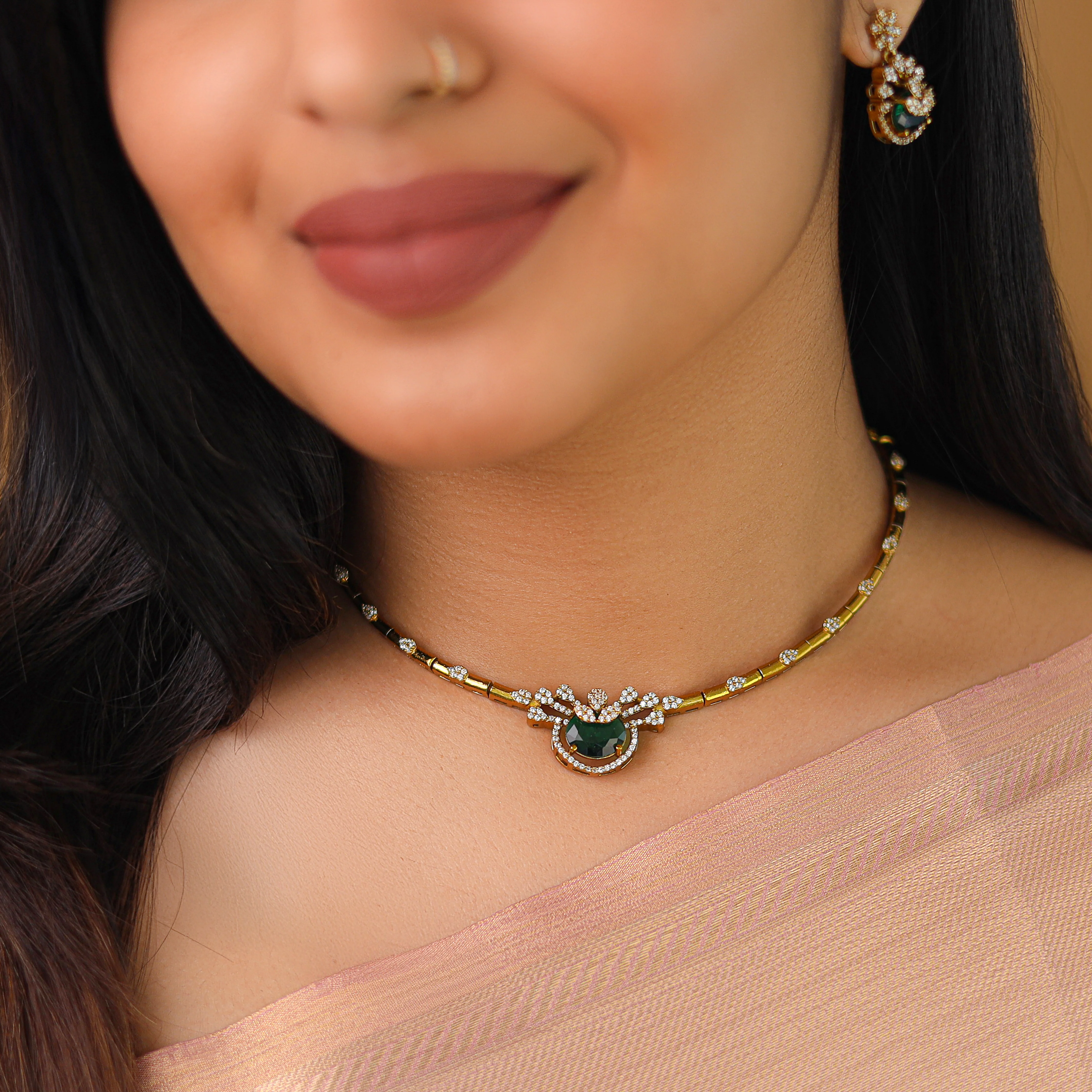 Harshini Stiff Glossy Short Neckpiece With Earring - Image 5