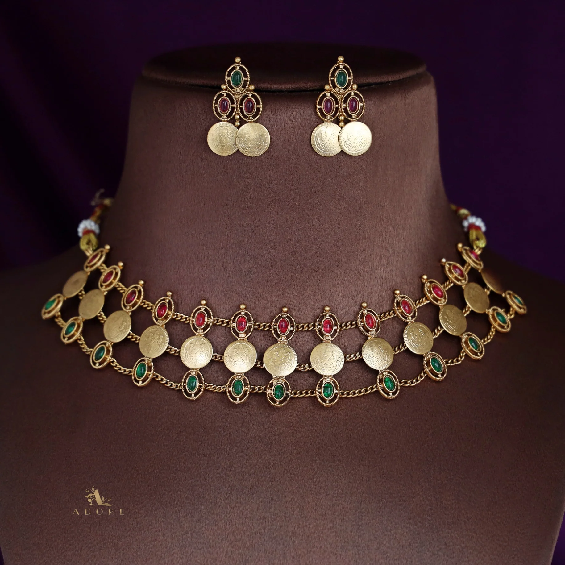 Harsika 3 Layer Oval Glossy Stone Kashi Choker With Earring - Image 7