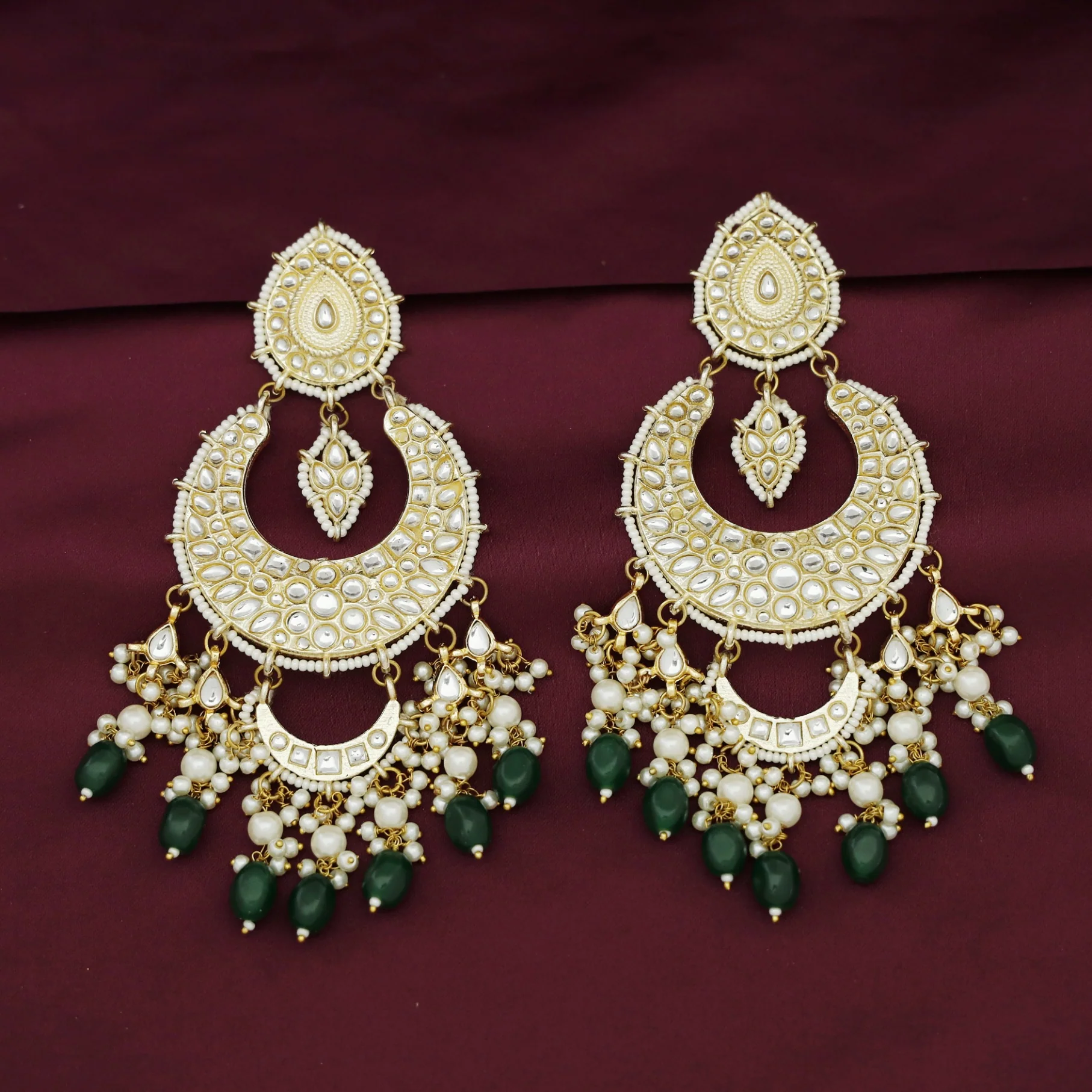Harswita Dual Half Moon Pearl Beaded Long Chandbali Earring - Image 2