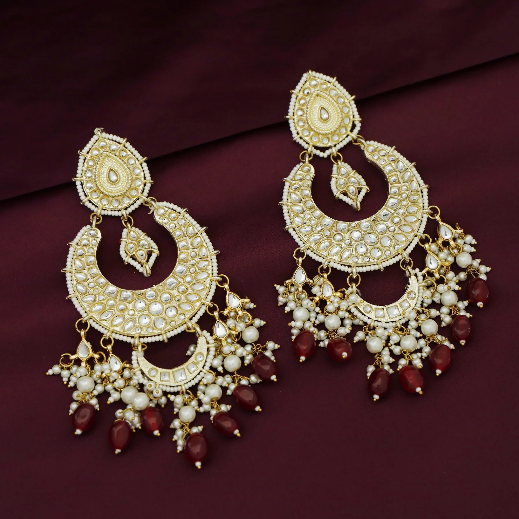 Harswita Dual Half Moon Pearl Beaded Long Chandbali Earring - Image 3