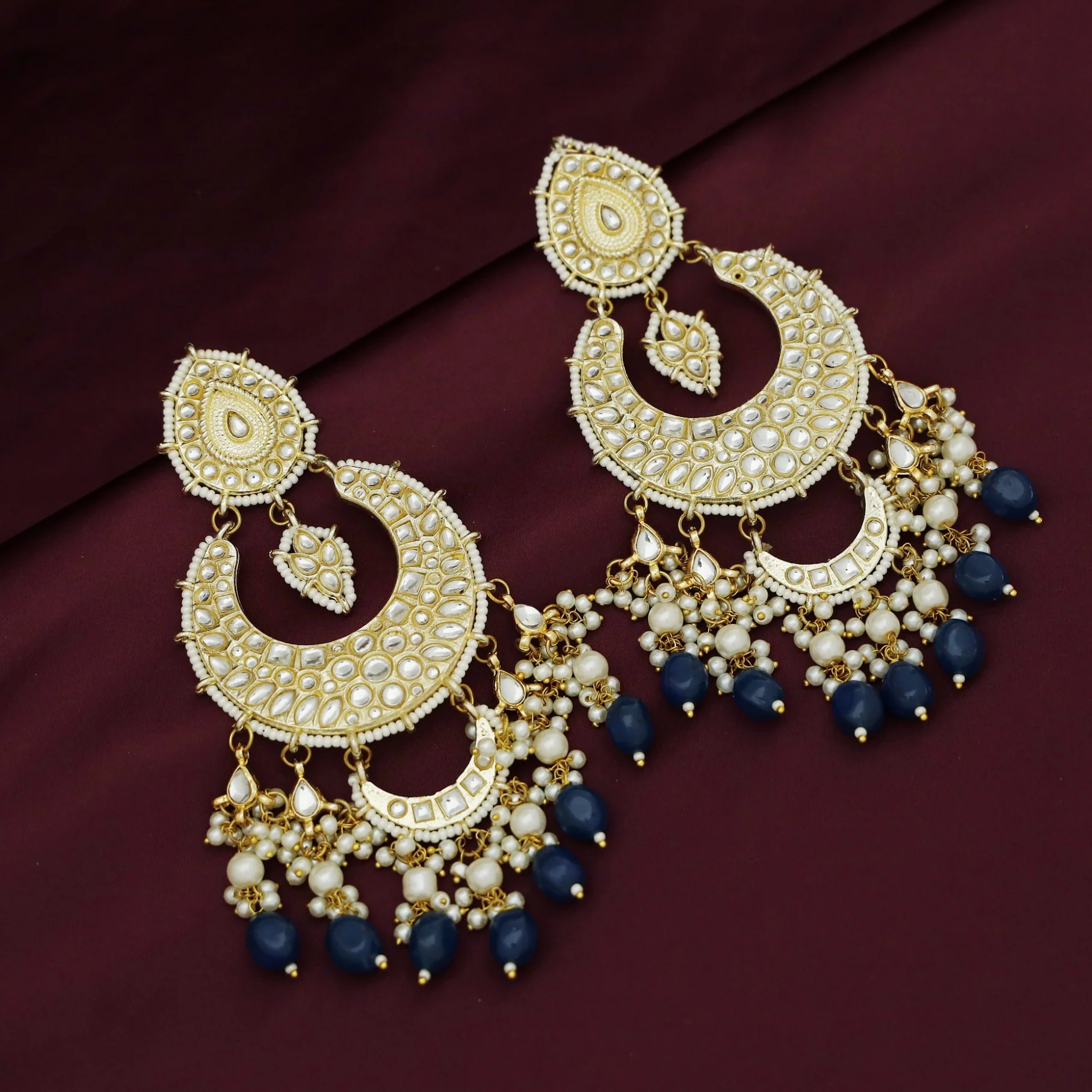 Harswita Dual Half Moon Pearl Beaded Long Chandbali Earring - Image 6
