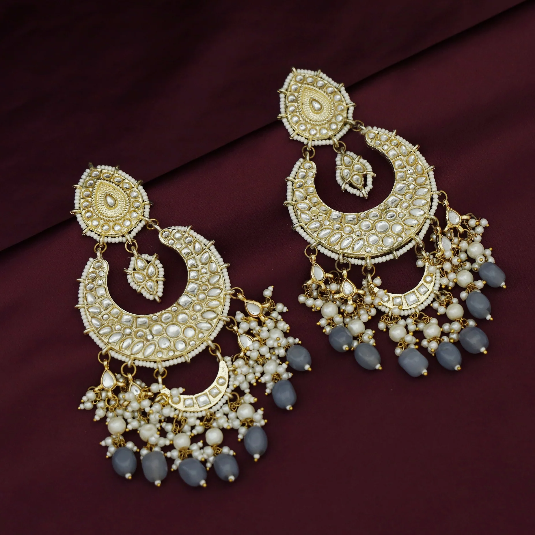 Harswita Dual Half Moon Pearl Beaded Long Chandbali Earring - Image 8
