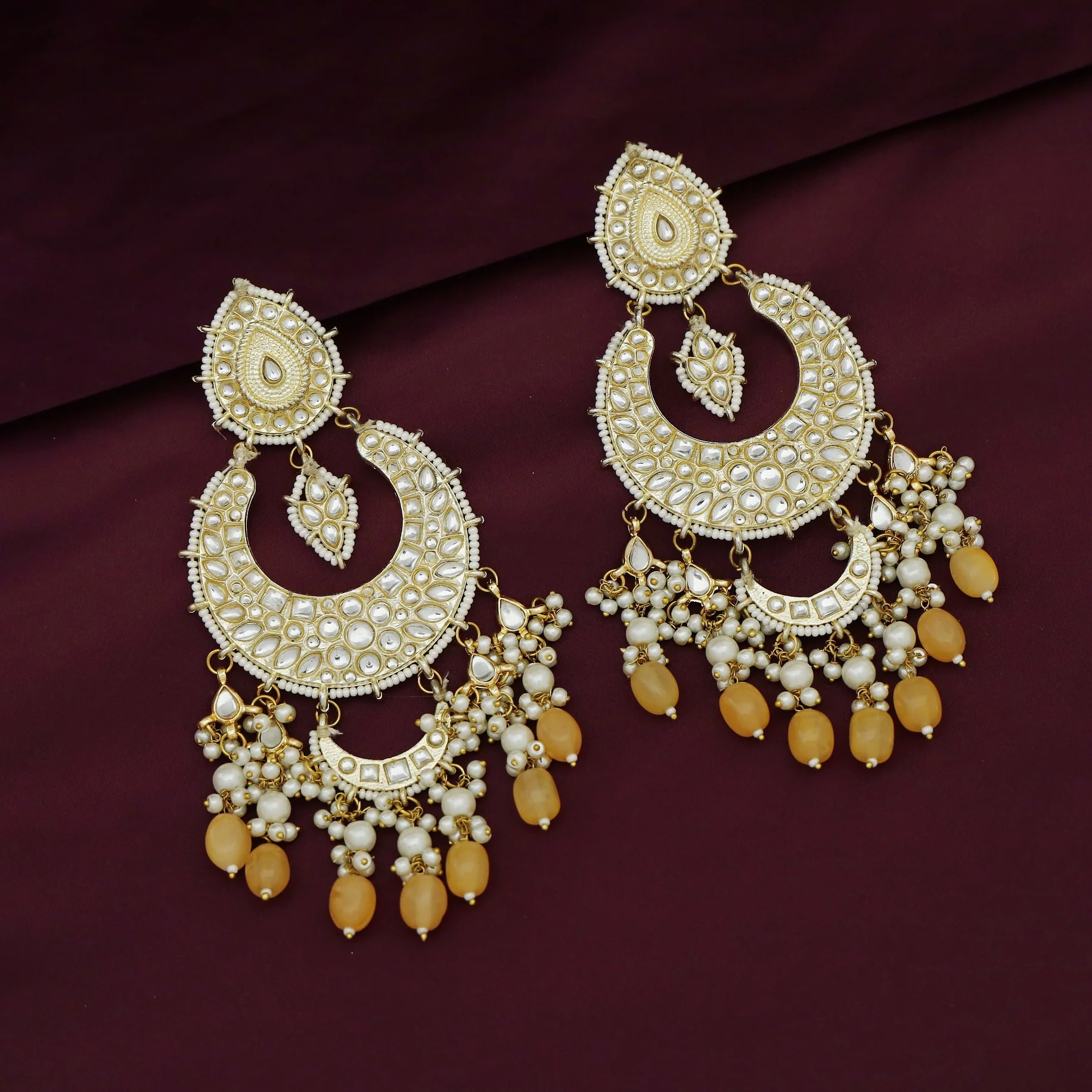 Harswita Dual Half Moon Pearl Beaded Long Chandbali Earring - Image 9